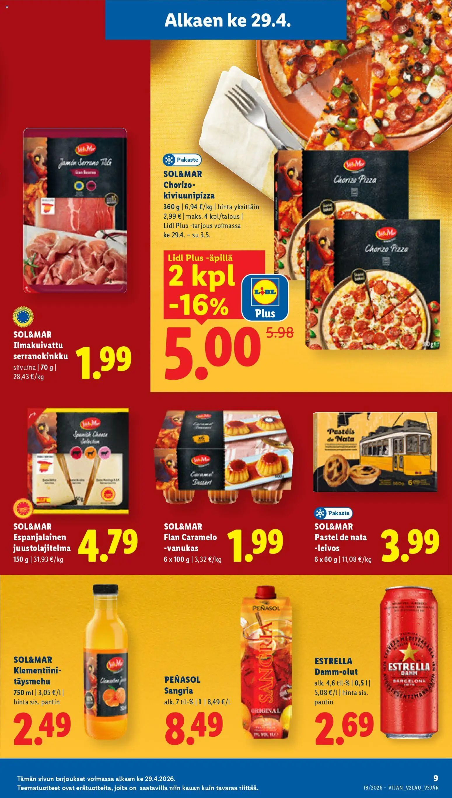 Lidl tarjoukset - Helsinki – voimassa 29.04.2026 alkaen | Sivu: 9 | Tuotteet: Klementiini, Chorizo, Pizza