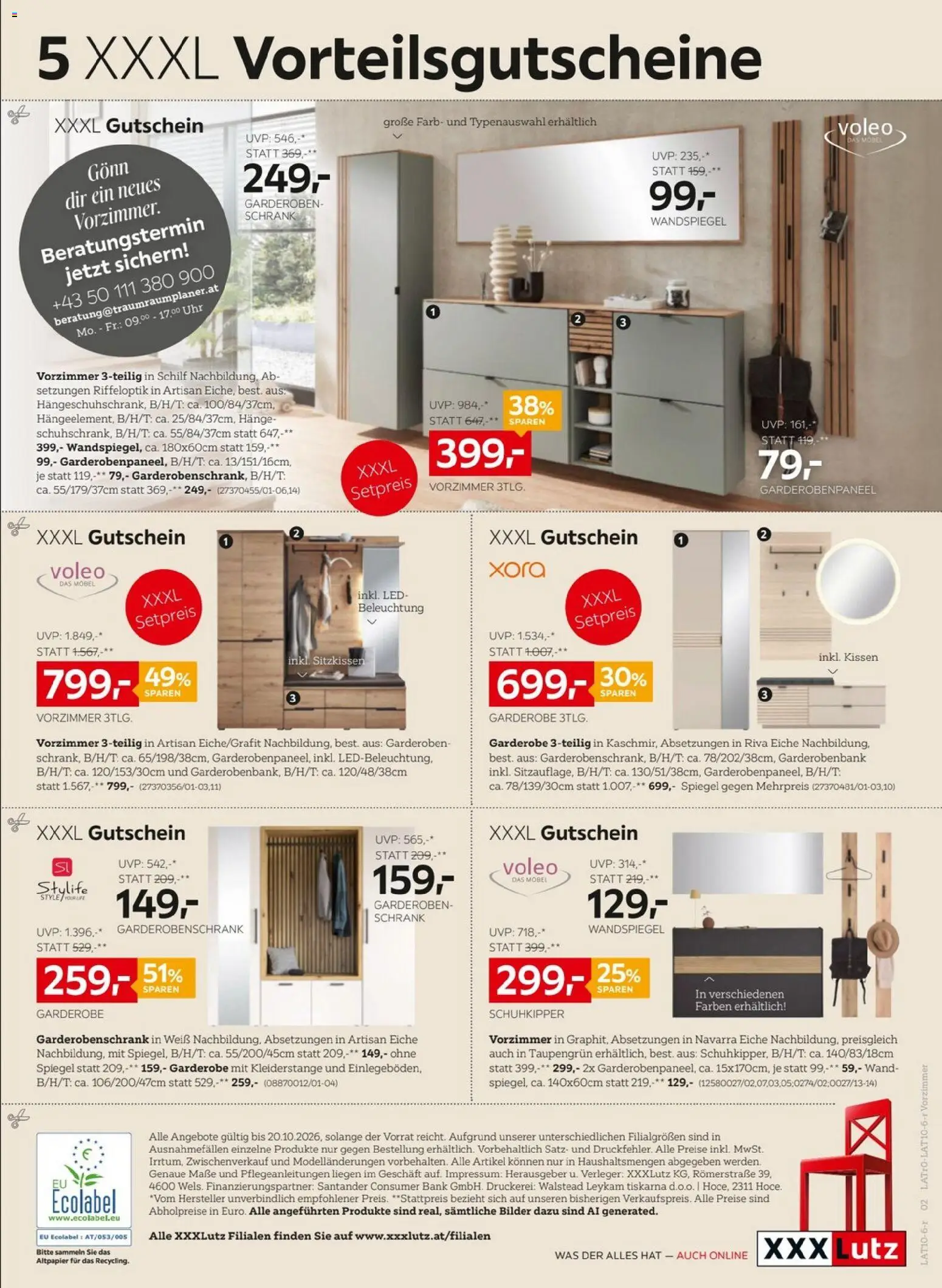 XXXLutz 5 XXXL Vorteilsgutscheine gültig ab 06.10.2026 | Seite: 1 | Produkte: Uhr, Kissen, Schrank, Spiegel