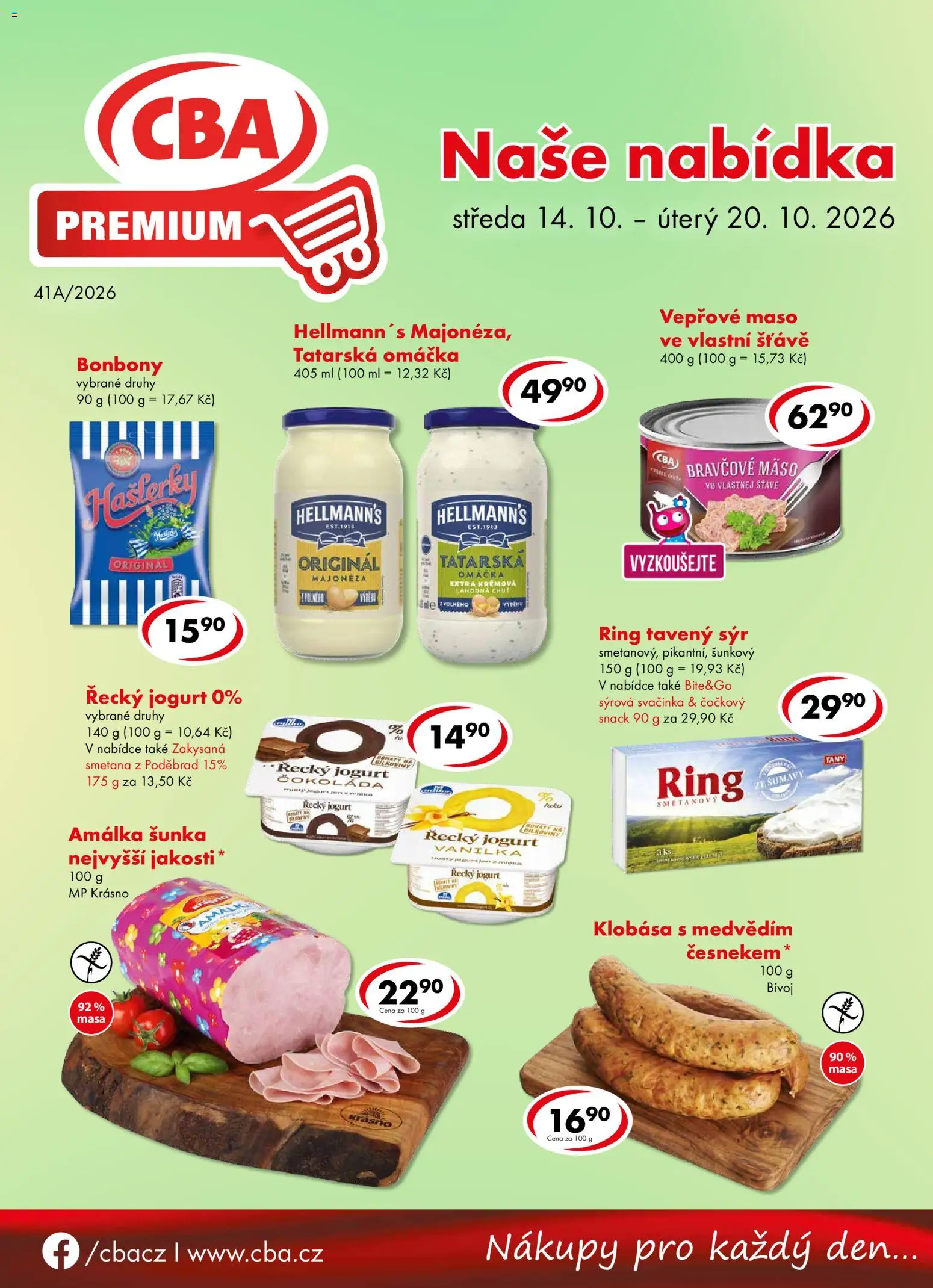 CBA leták - Premium od 14.10.2026 | Strana: 1 | Produkty: Tavený sýr, Čokoláda, Klobása, Hellmann's