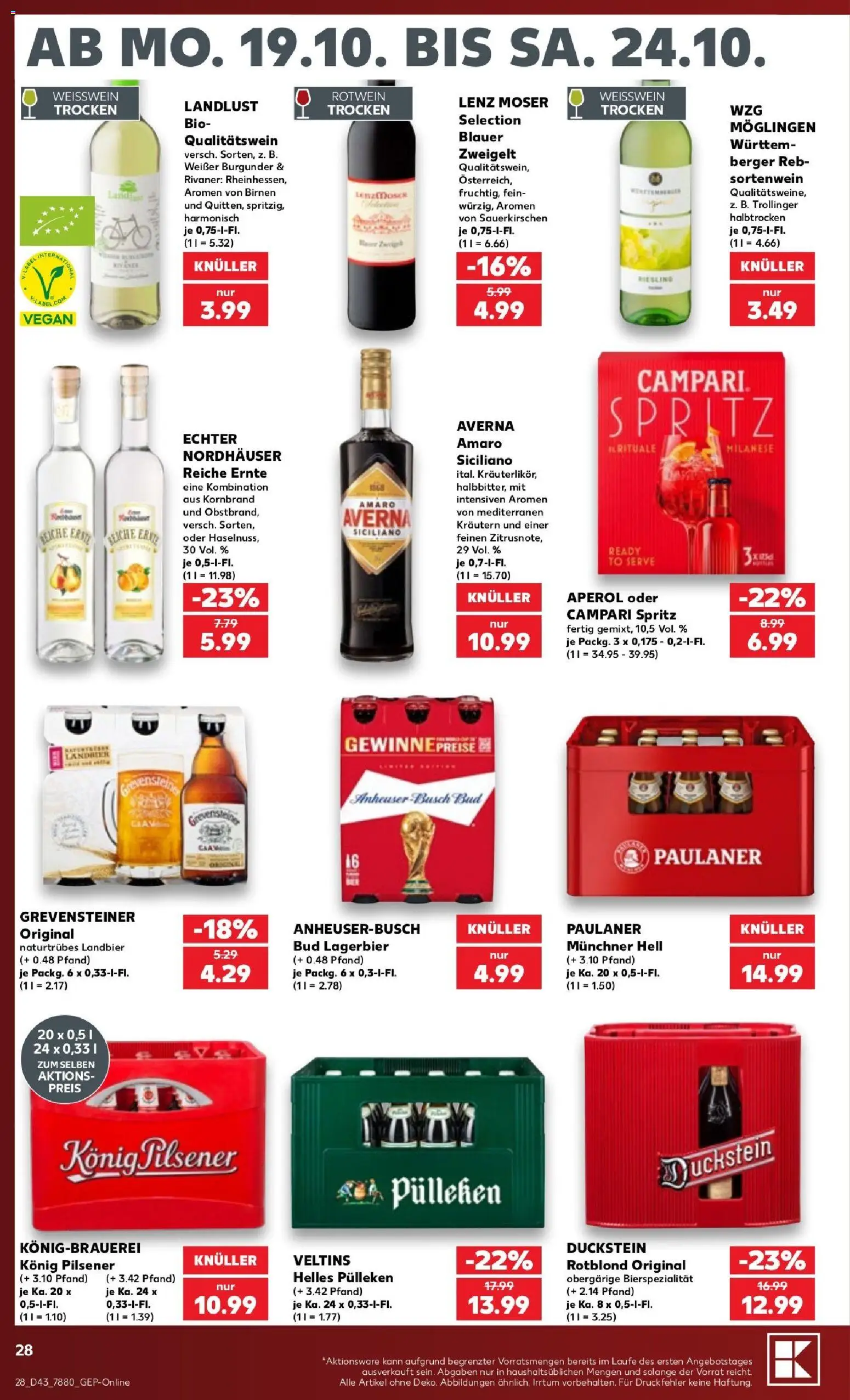 Kaufland Prospekt Kiel – gültig ab 19.10.2026 | Seite: 28 | Produkte: Weißwein, Rotwein, Campari, Weißwein trocken