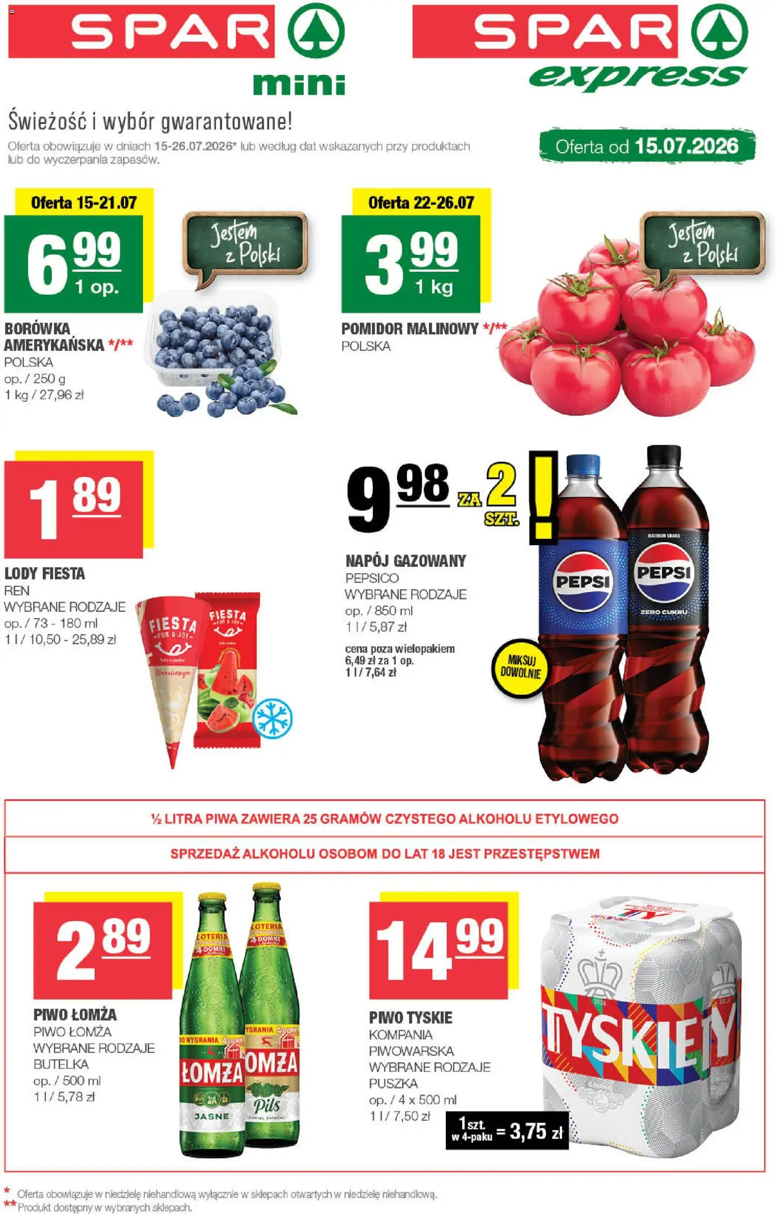 Spar gazetka - Mini od 15.07.2026 | Strona: 1 | Produkty: Pomidor malinowy, Tyskie, Piwo, Lody