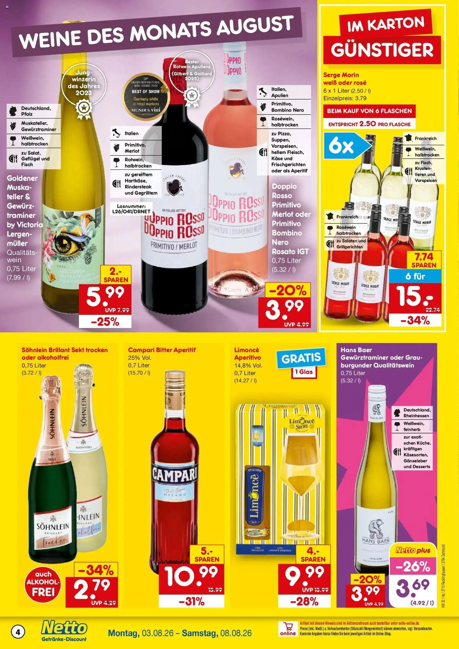 Netto Marken-Discount Prospekt Dortmund – gültig ab 03.08.2026 | Seite: 4 | Produkte: Rotwein, Rosewein, Fisch, Wein