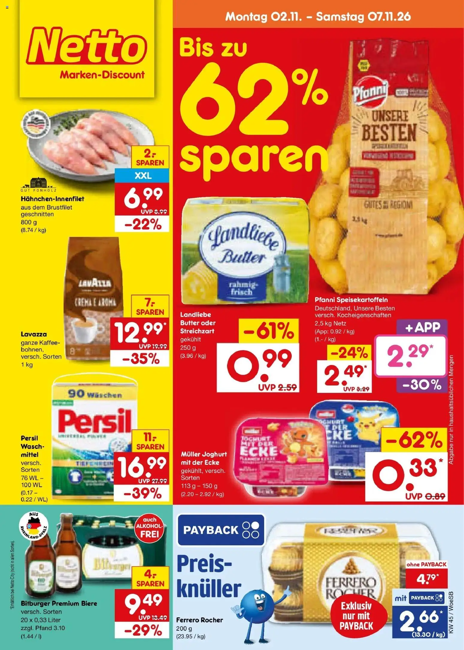 Netto Marken-Discount Prospekt Leonberg – gültig ab 02.11.2026 | Seite: 1 | Produkte: Bitburger, Ferrero rocher, Kaffee, Persil