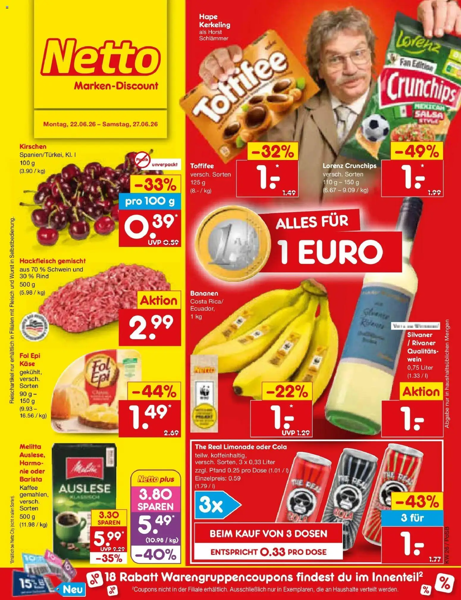 Netto Marken-Discount Prospekt Regensburg – gültig ab 22.06.2026 | Seite: 1 | Produkte: Melitta, Käse, Bananen, Fleisch