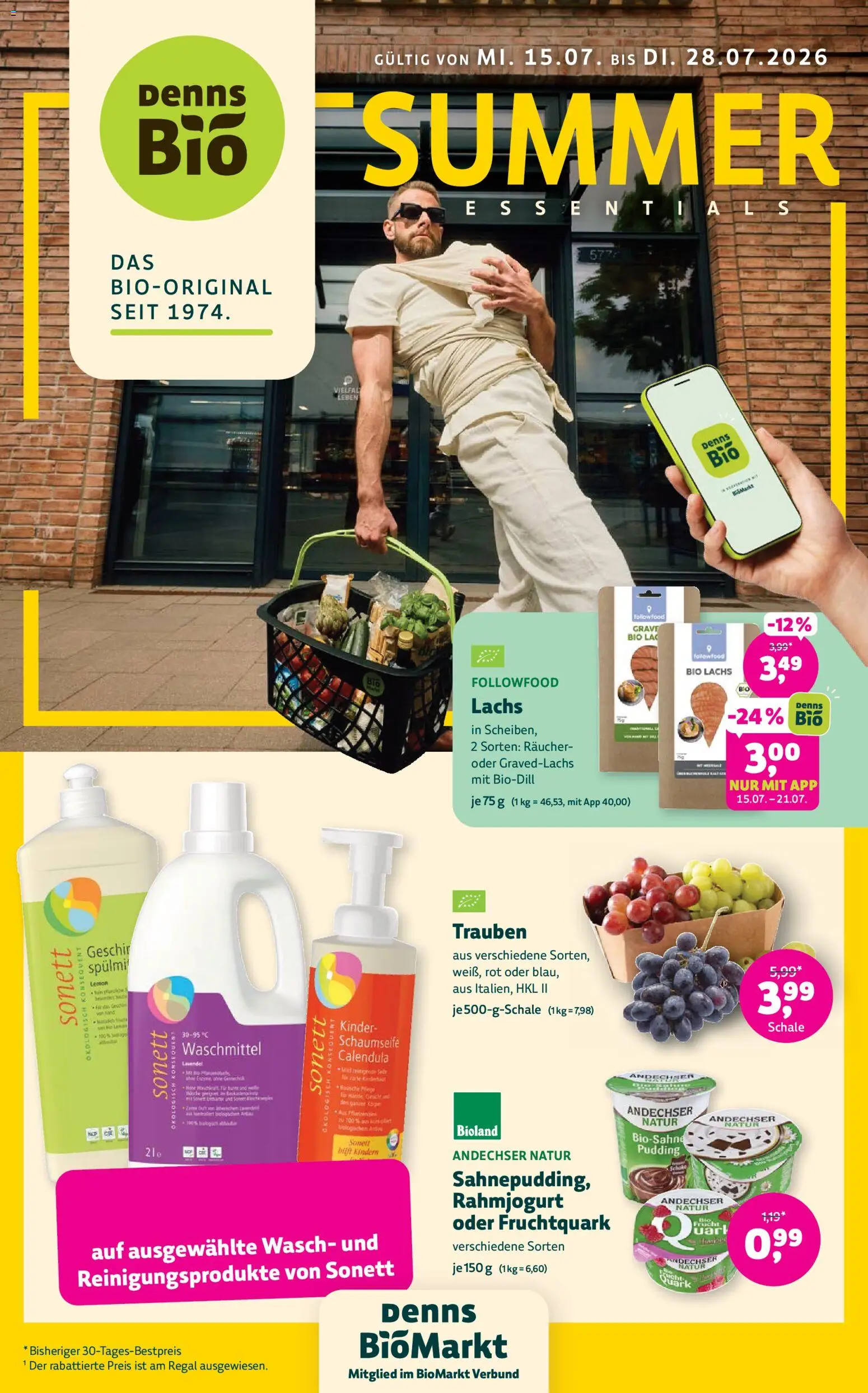 Denns BioMarkt Angebote – gültig ab 15.07.2026 | Seite: 1 | Produkte: Trauben, Lachs, Waschmittel, Lavendel