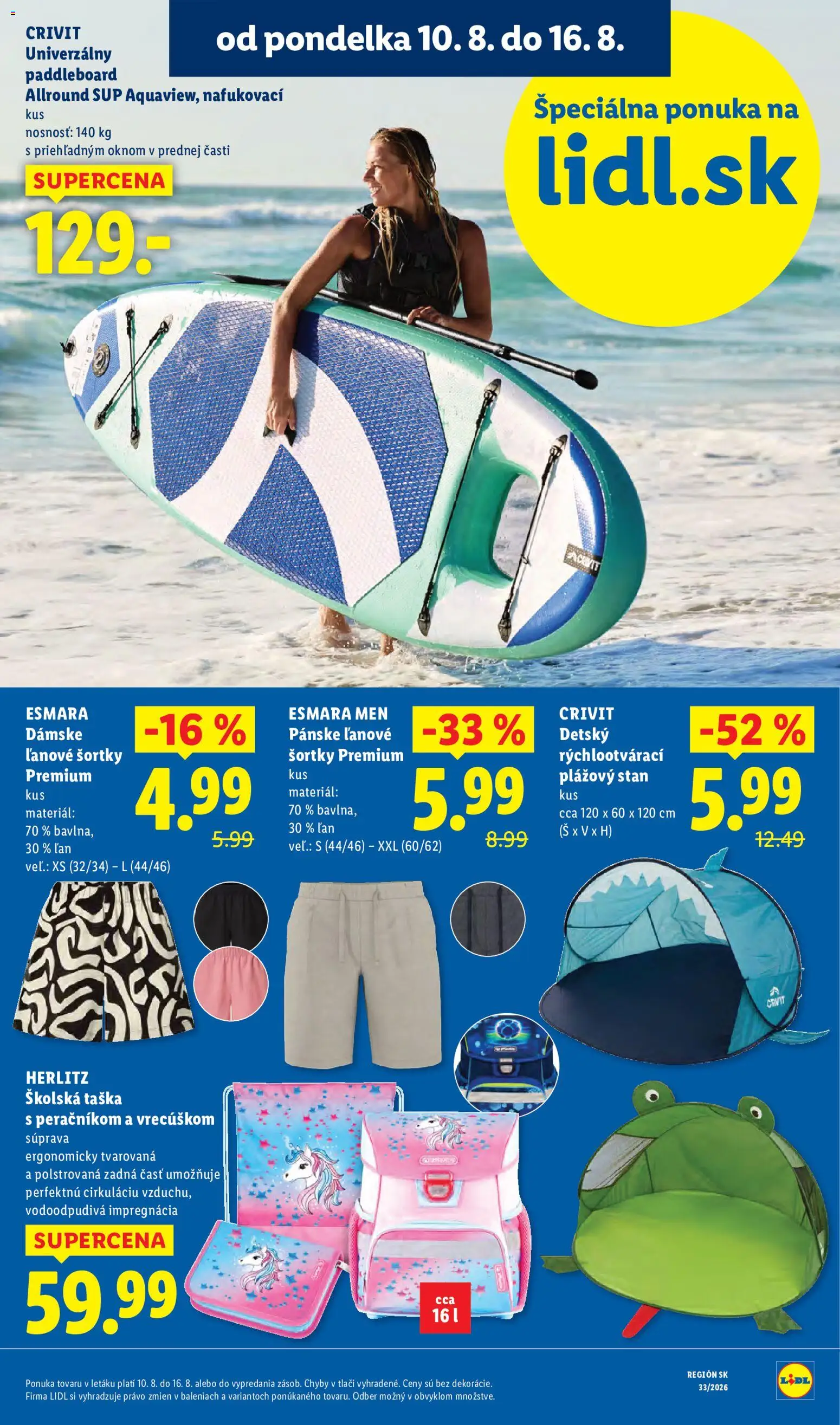Nové Lidl akcie – leták je platný od 10.08.2026 | Strana: 9 | Produkty: Stan, Paddleboard, Taška