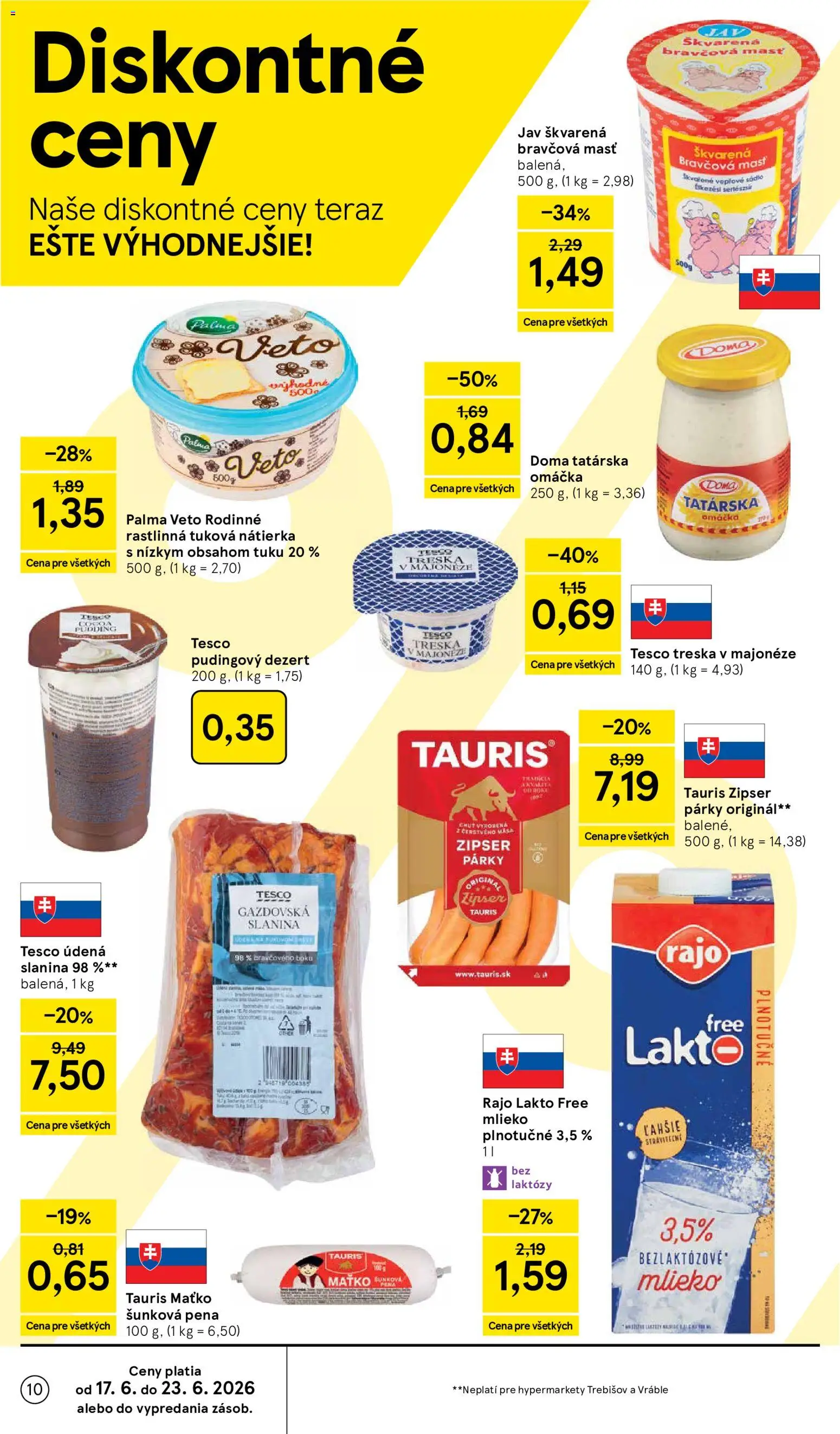 Nové Tesco akcie – leták je platný od 17.06.2026 | Strana: 10 | Produkty: Mlieko, Slanina, Párky, Treska