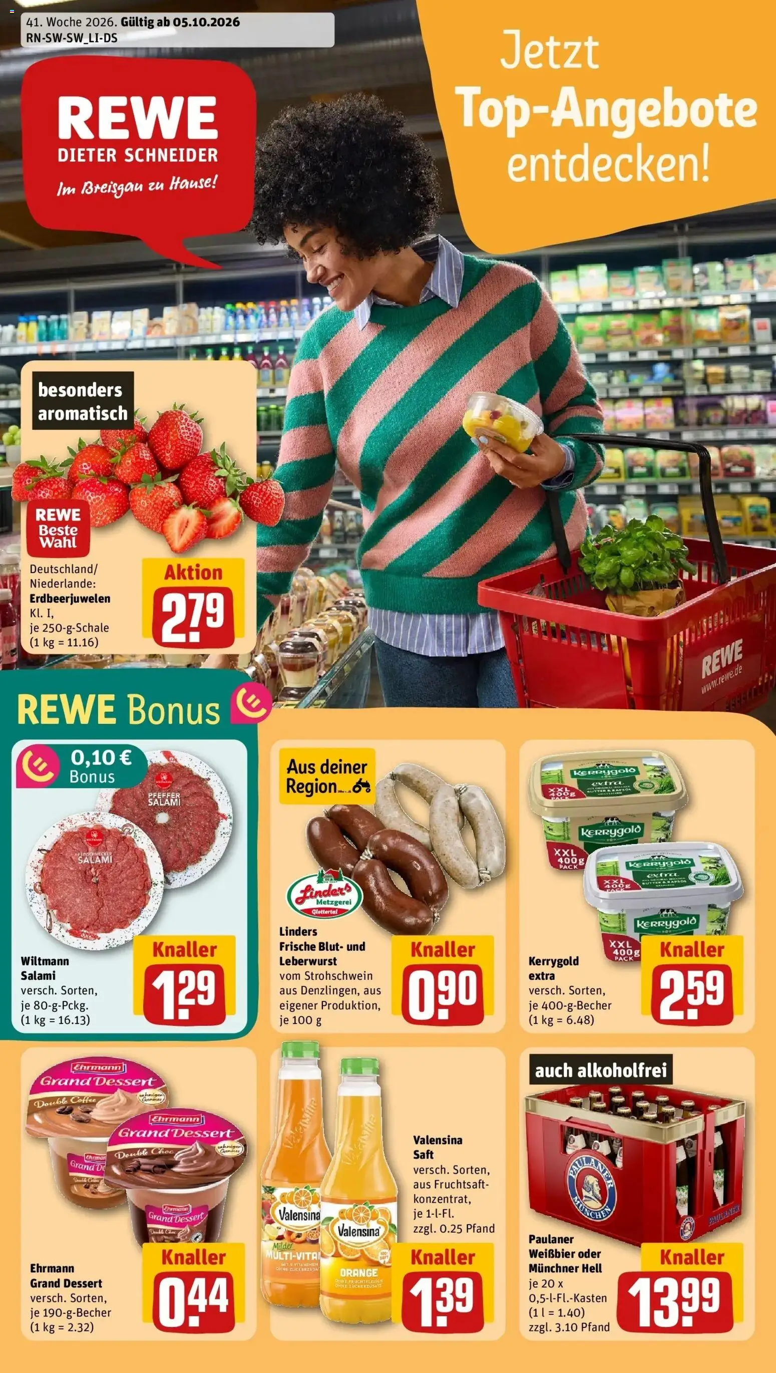 REWE Prospekt ab 05.10.2026 zum Blättern » Angebote | Seite: 1 | Produkte: Öl, Salami, Saft, Paulaner