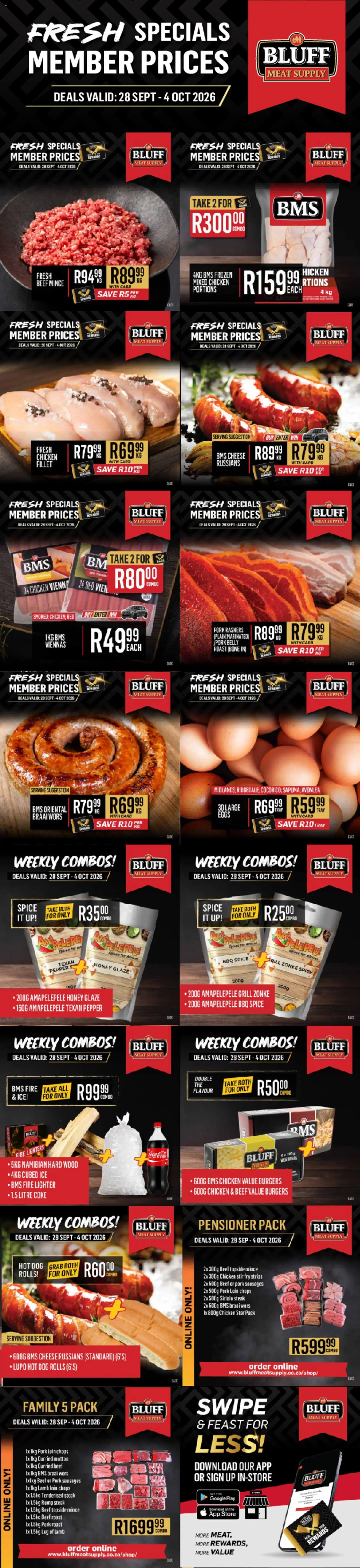 New Bluff Meat Supply catalogue – valid from 28/09/2026 | Page: 1 | Products: Tray, Steak, Cheese, Burgers