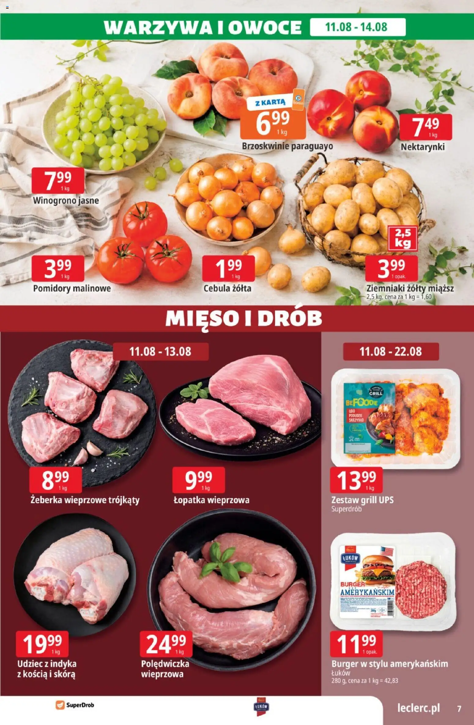 E.Leclerc gazetka od 11.08.2026 | Strona: 7 | Produkty: Mięso, Pomidory, Brzoskwinie, Warzywa