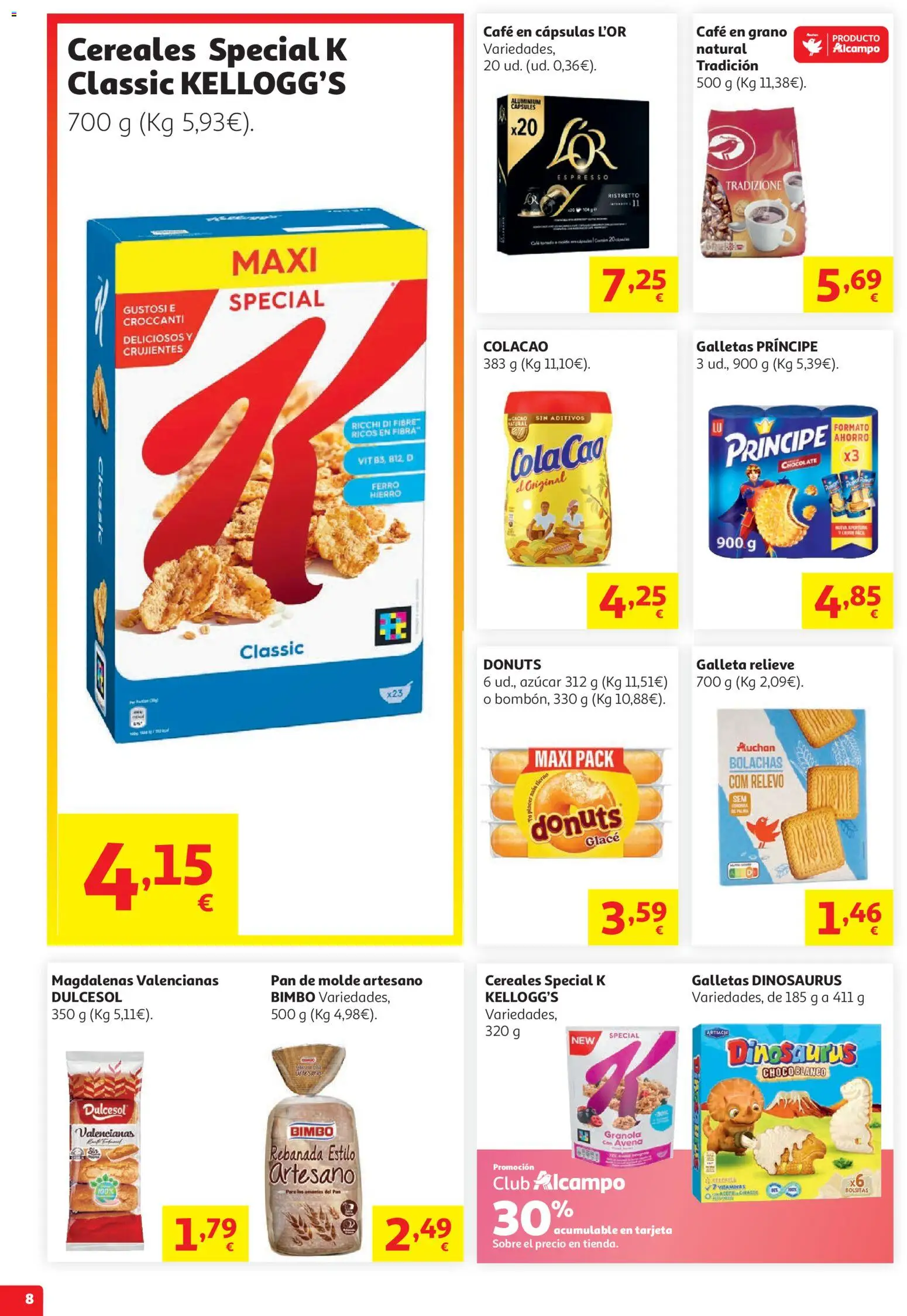 Alcampo HP Nacional no Litoral │ válido desde el 29/07/2026 | Página: 8 | Productos: Café, Chocolate, Cereales, Pan de molde
