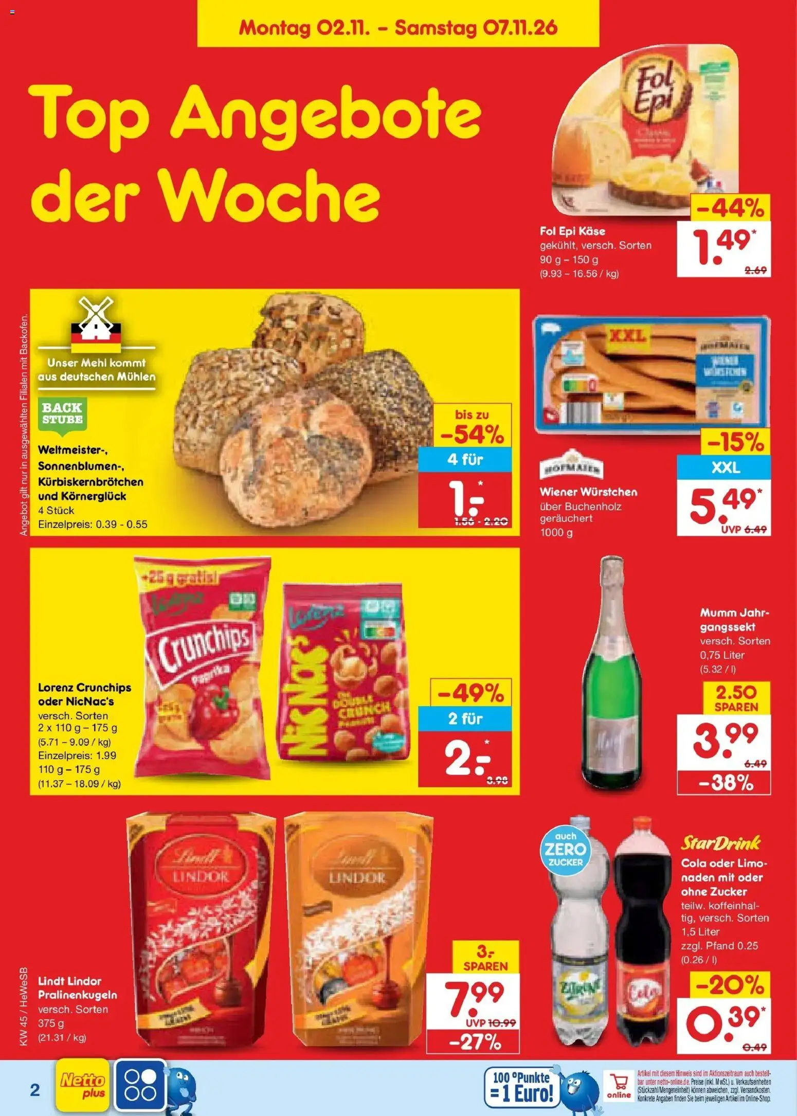 Netto Marken-Discount Prospekt Hamburg – gültig ab 02.11.2026 | Seite: 2 | Produkte: Wiener wurstchen, Cola, Käse, Lindt