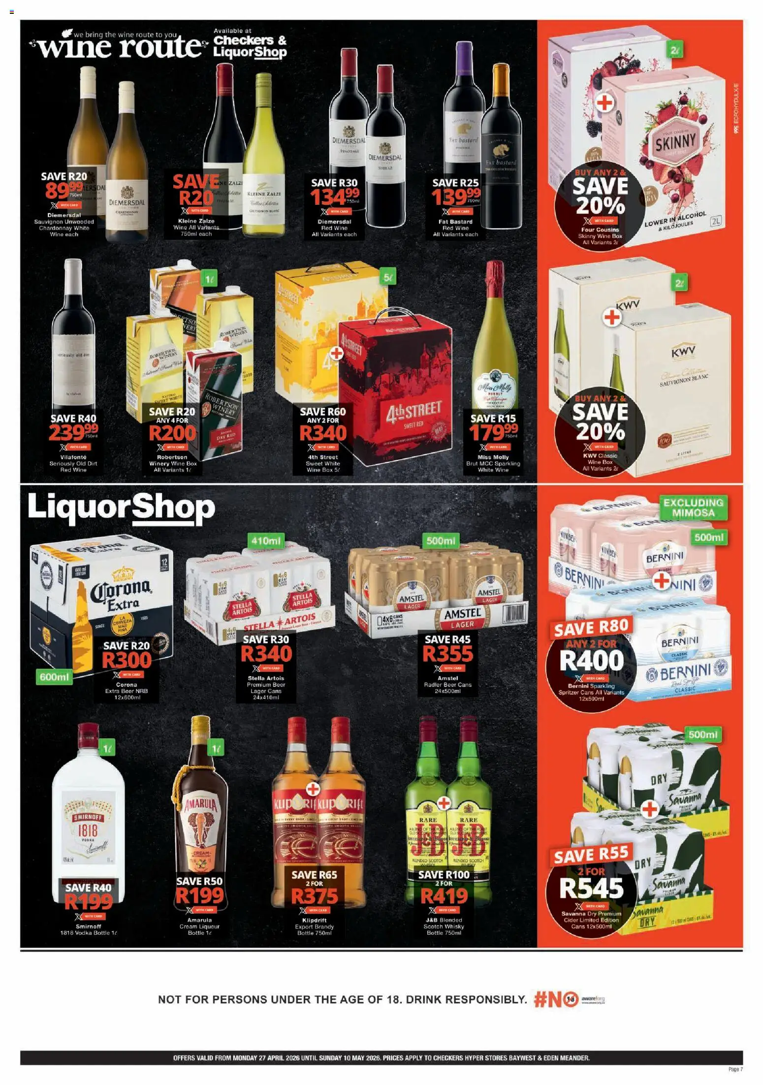 New Checkers catalogue – valid from 27.04.2026 | Page: 7 | Products: Brandy, Beer, Cream, Vodka