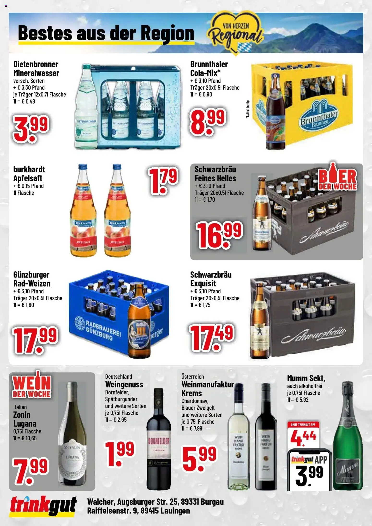 Trinkgut Prospekt Lauingen (ab 10.08.2026) » Angebote online | Seite: 4 | Produkte: Burger, Apfelsaft, Mineralwasser, Wein
