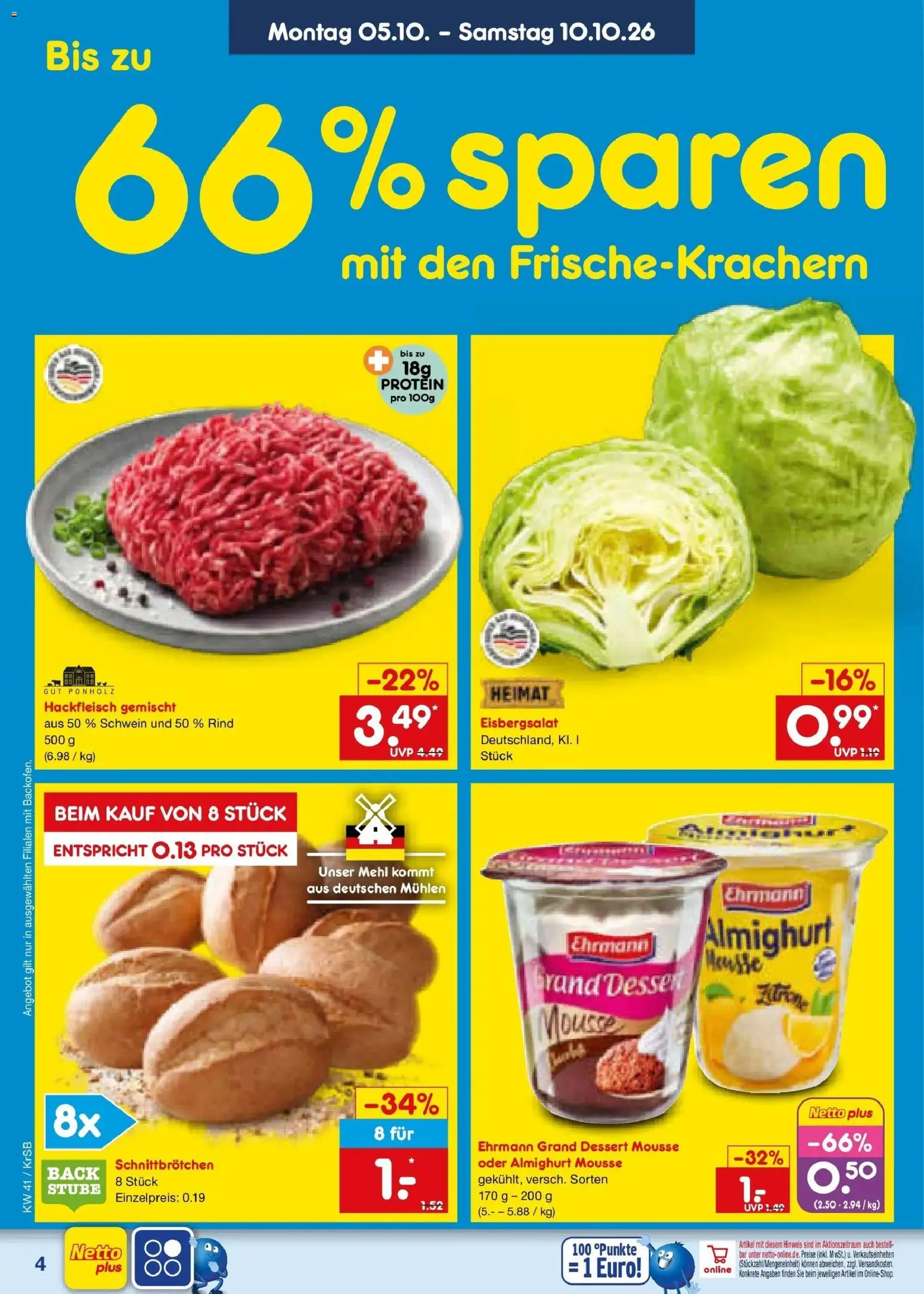 Netto Marken-Discount Prospekt Baesweiler (ab 05.10.2026) » Angebote | Seite: 4 | Produkte: Mehl, Ehrmann grand dessert, Eisbergsalat, Hackfleisch