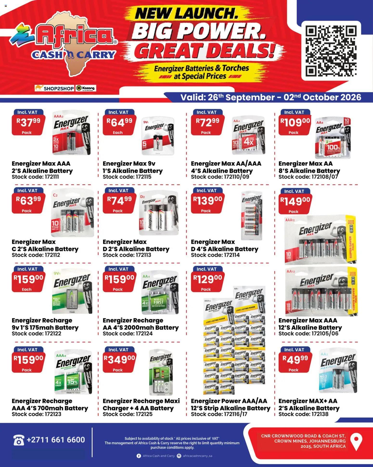 New Africa Cash & Carry catalogue – valid from 26/09/2026 | Page: 2 | Products: AA battery, Battery, Charger, Stock