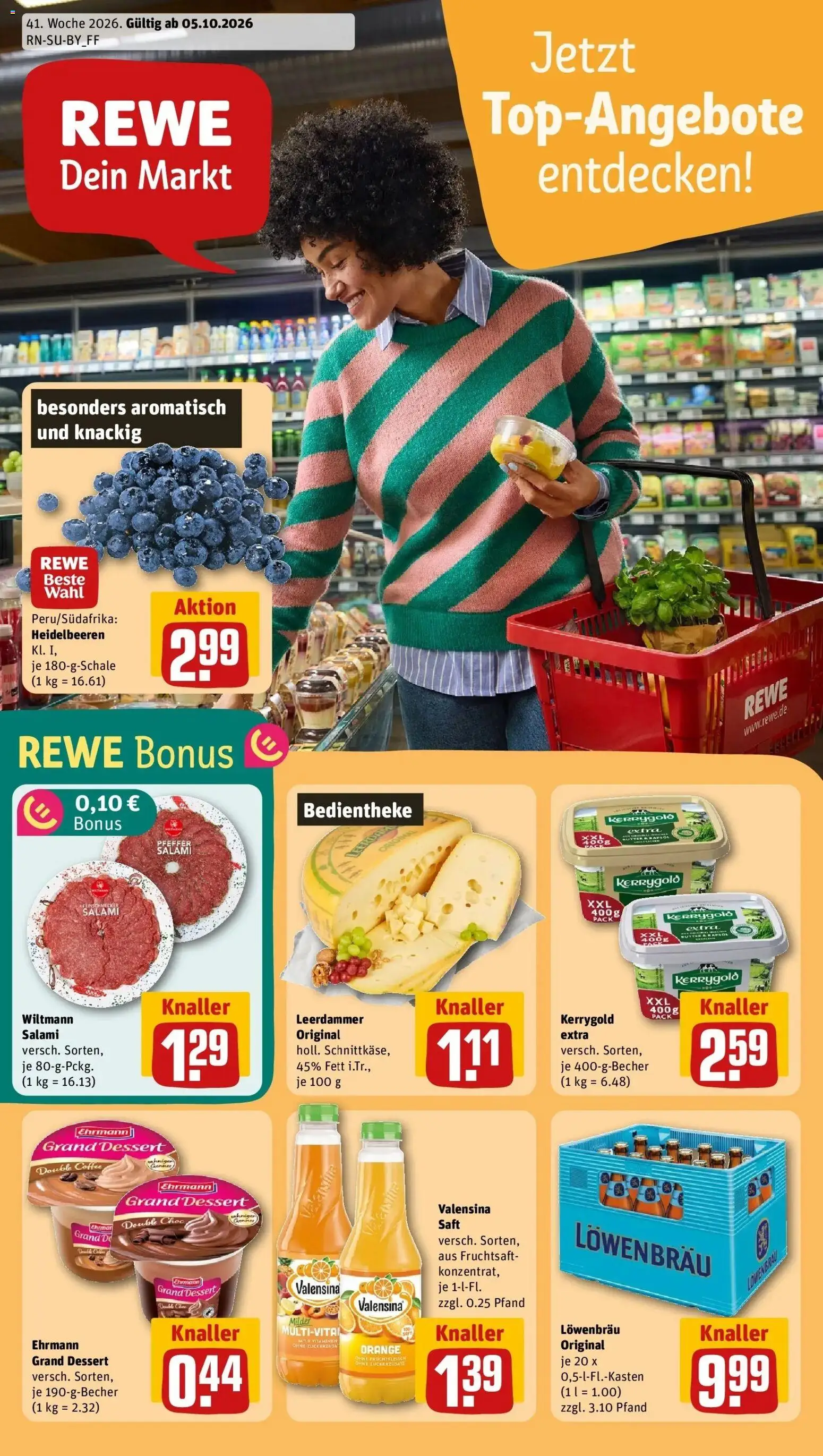 REWE Prospekt ab 05.10.2026 zum Blättern » Angebote | Seite: 1 | Produkte: Ehrmann grand dessert, Valensina, Saft, Fruchtsaft