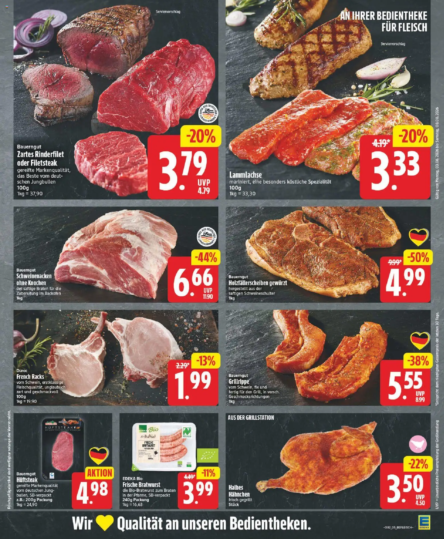 Edeka Prospekt – gültig ab 03.08.2026 | Seite: 5 | Produkte: Rinderfilet, Bratwurst, Bauerngut, Fleisch