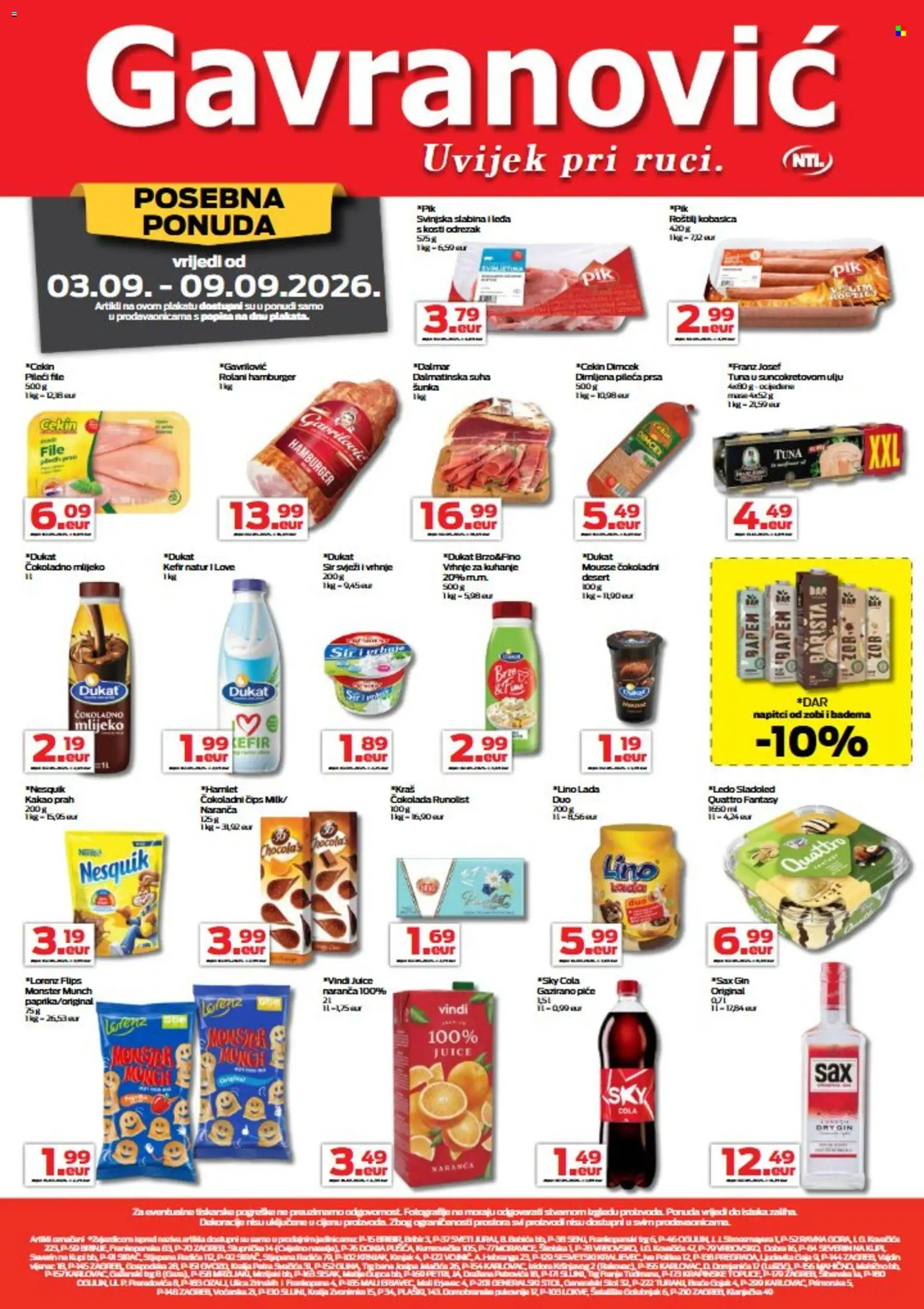 Gavranović katalog | vrijedi od 03.09.2026 | Stranica: 1 | Proizvodi: File, Šunka, Nesquik, Desert