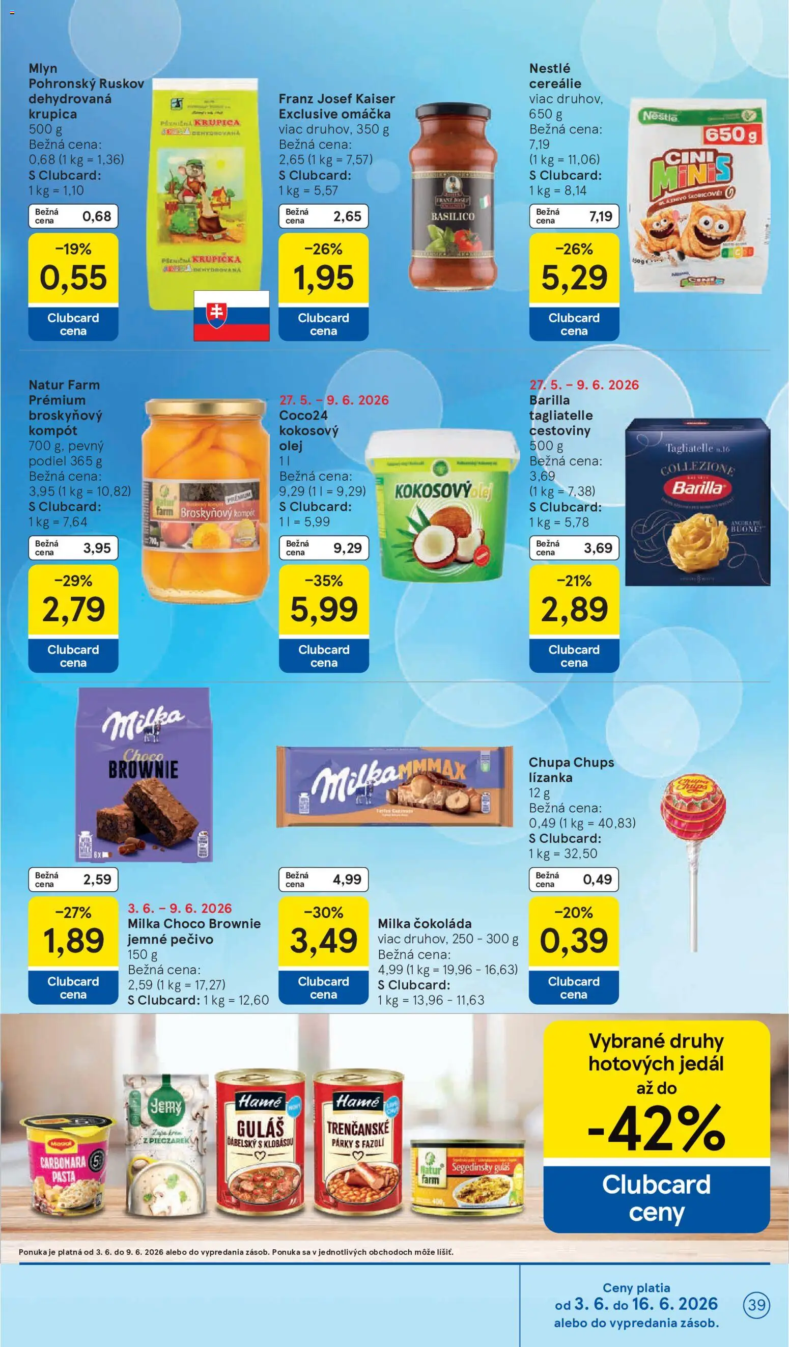 Nové Tesco akcie – leták je platný od 03.06.2026 | Strana: 39 | Produkty: Cereálie, Milka, Omáčka, Párky