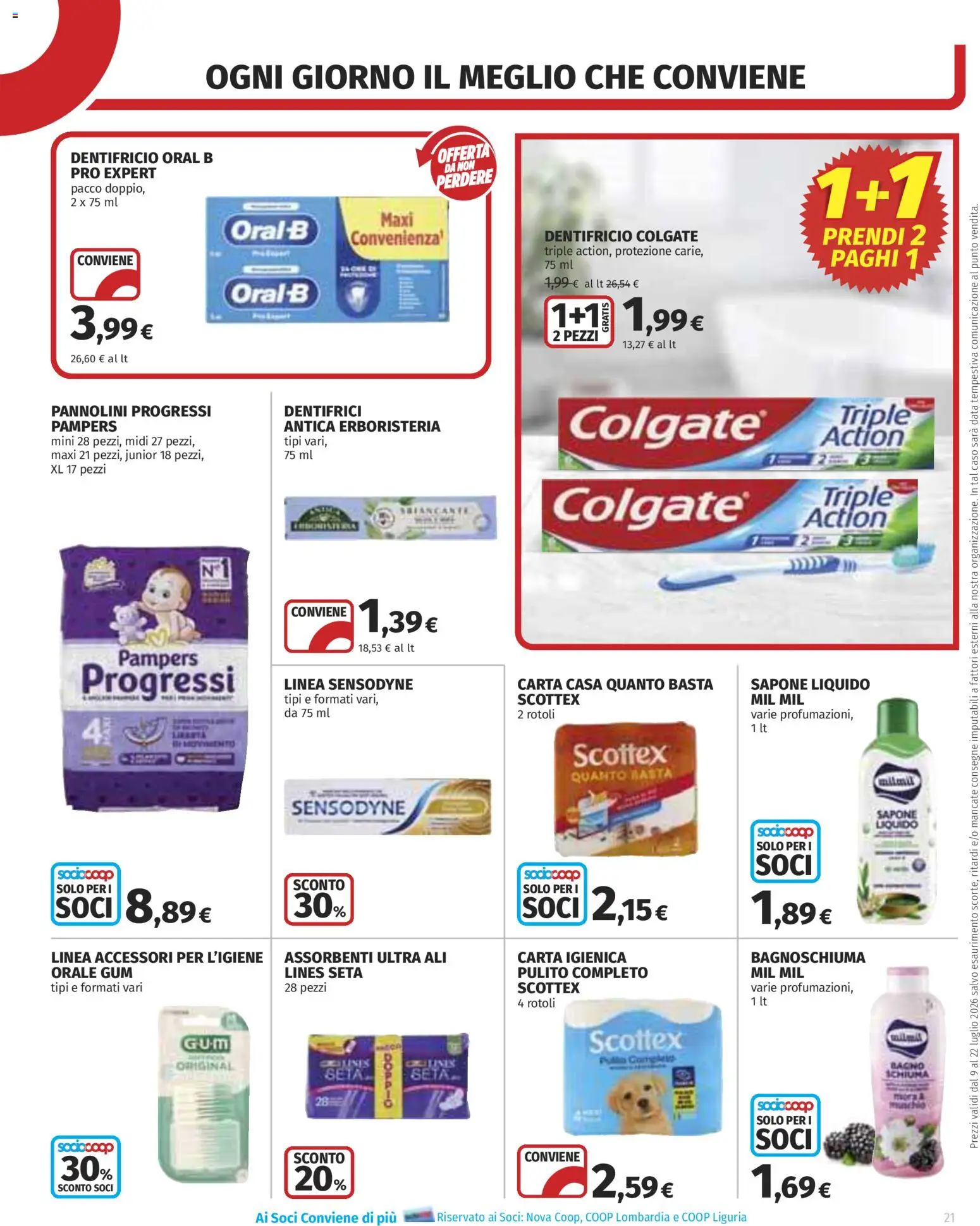 Volantino COOP del 09/07/2026 | Pagina: 21 | Prodotti: Sapone, Bagnoschiuma, Pampers, Bagno