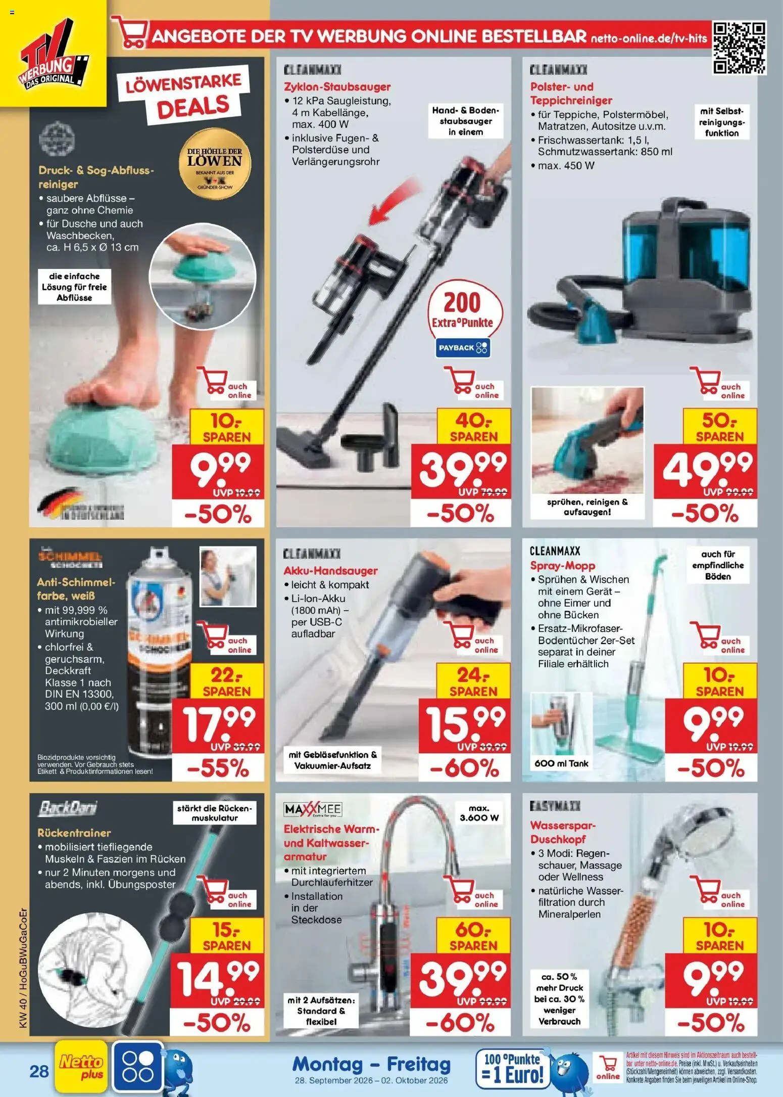 Netto Marken-Discount Prospekt Leipzig – gültig ab 28.09.2026 | Seite: 40 | Produkte: Staubsauger, Steckdose, Wasser, TV