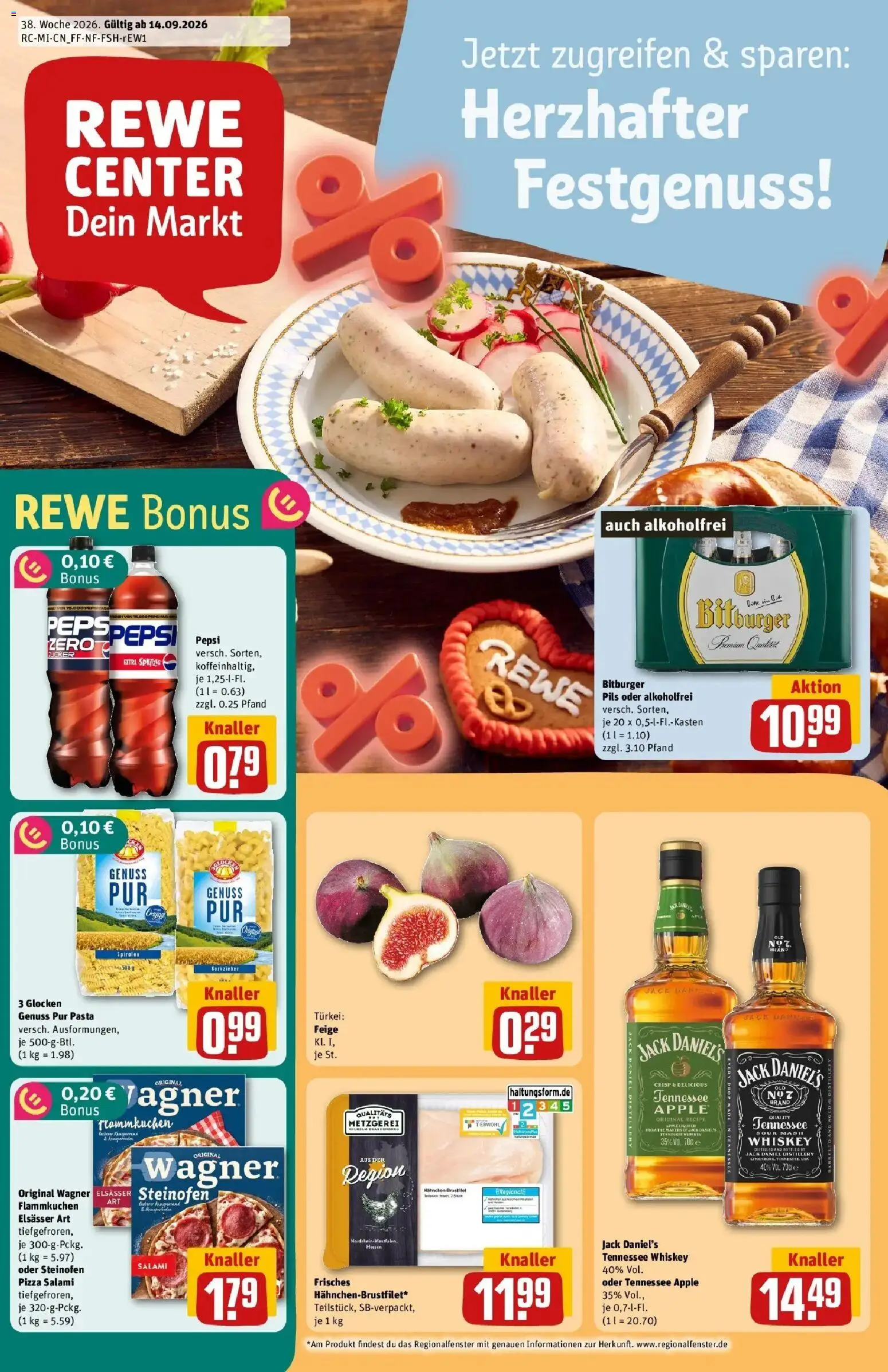 REWE Prospekt ab 14.09.2026 zum Blättern » Angebote | Seite: 1 | Produkte: Hahnchen, Pils, Apple, Pepsi
