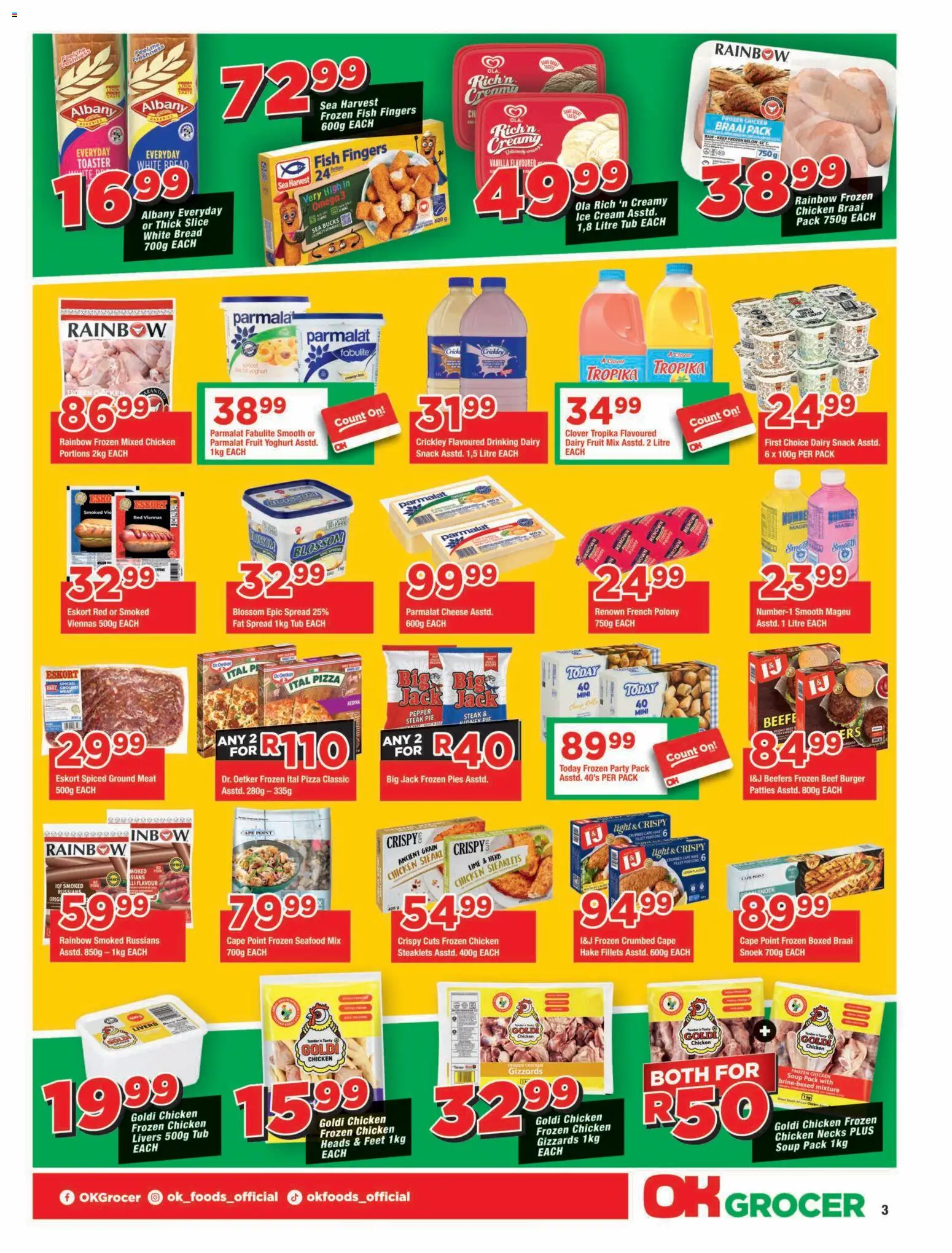 New OK Foods catalogue – valid from 24/07/2026 | Page: 3 | Products: Yoghurt, Pizza, Fat spread, Seafood