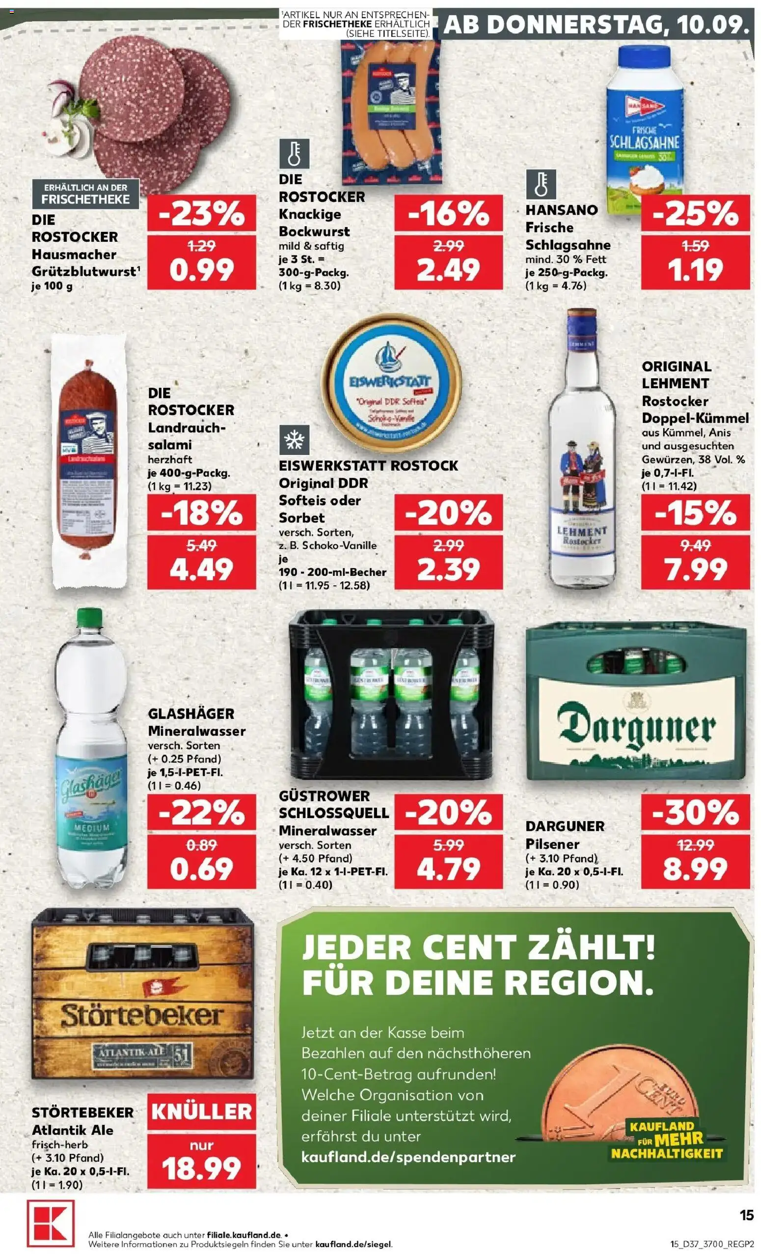 Prospekt Kaufland ab 10.09.2026 » Angebote Online zum Blättern | Seite: 15 | Produkte: Bockwurst, Schlagsahne, Mineralwasser, Salami