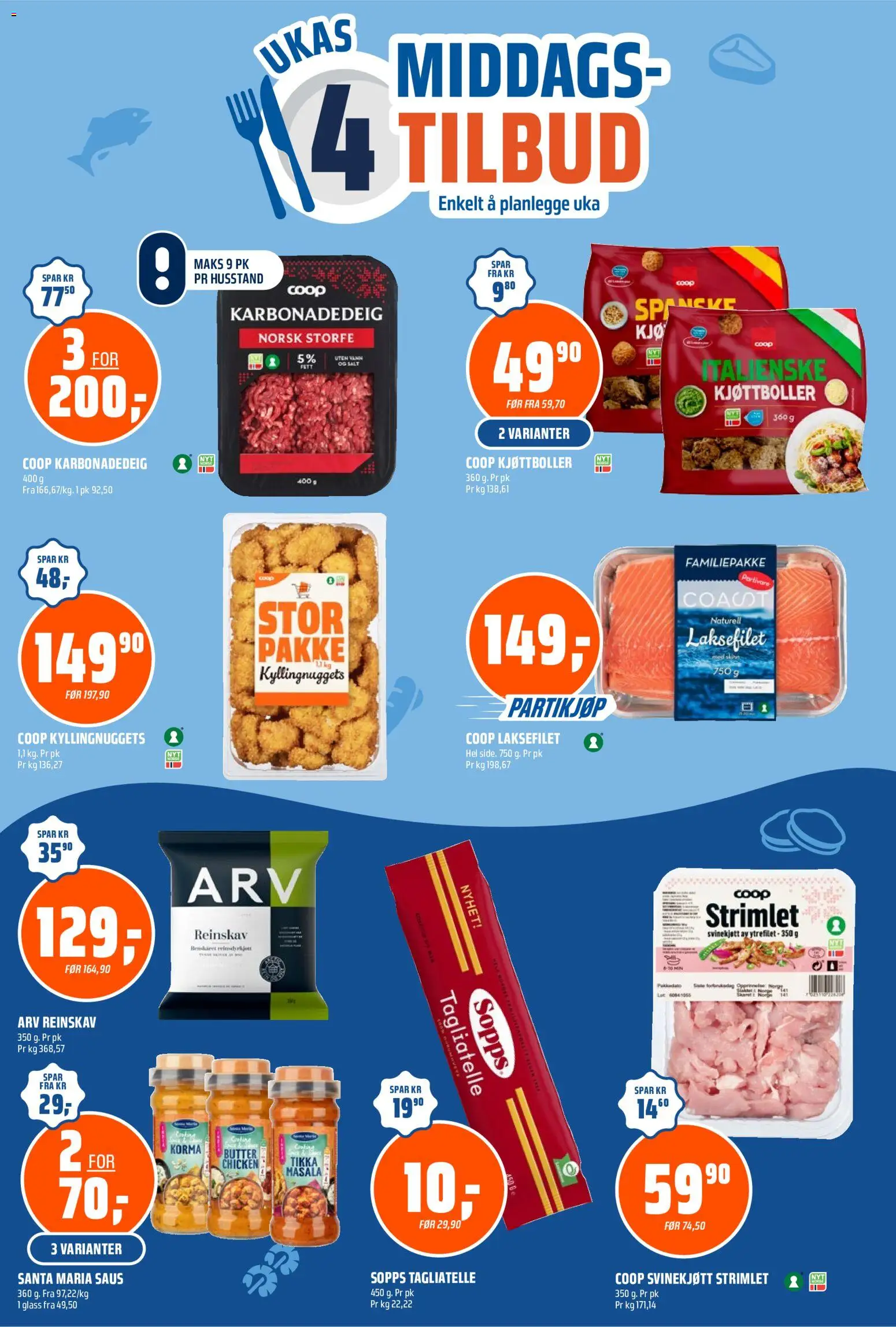 {H1} | Side: 8 | Produkter: Karbonadedeig, Kyllingnuggets, Glass, Tagliatelle