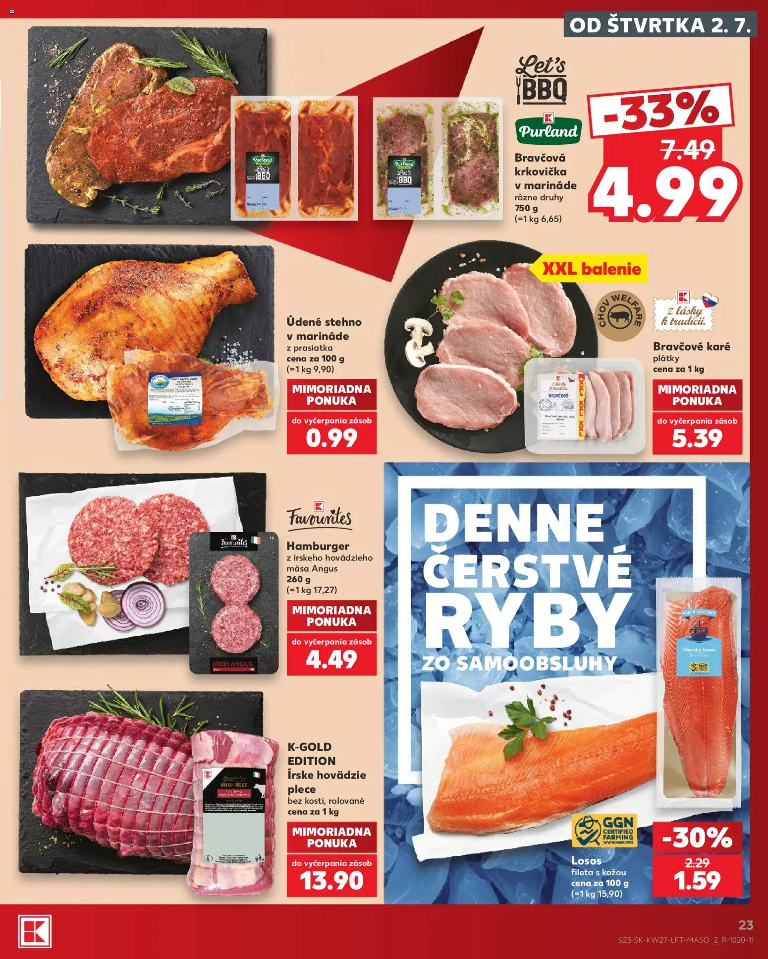 Nové Kaufland akcie – leták je platný od 02.07.2026 | Strana: 23 | Produkty: Ryby, Losos, Krkovička, Bravčové karé