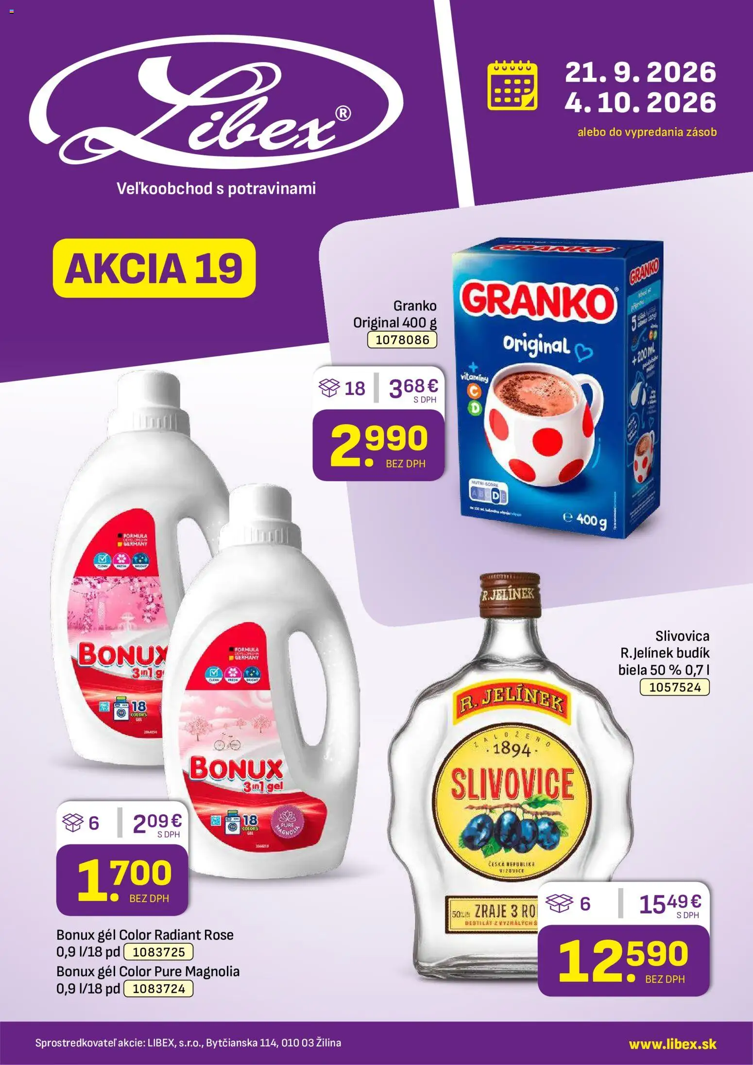 Nové Libex akcie – leták je platný od 21.09.2026 | Strana: 1 | Produkty: Slivovica, Bonux, Budík, Granko