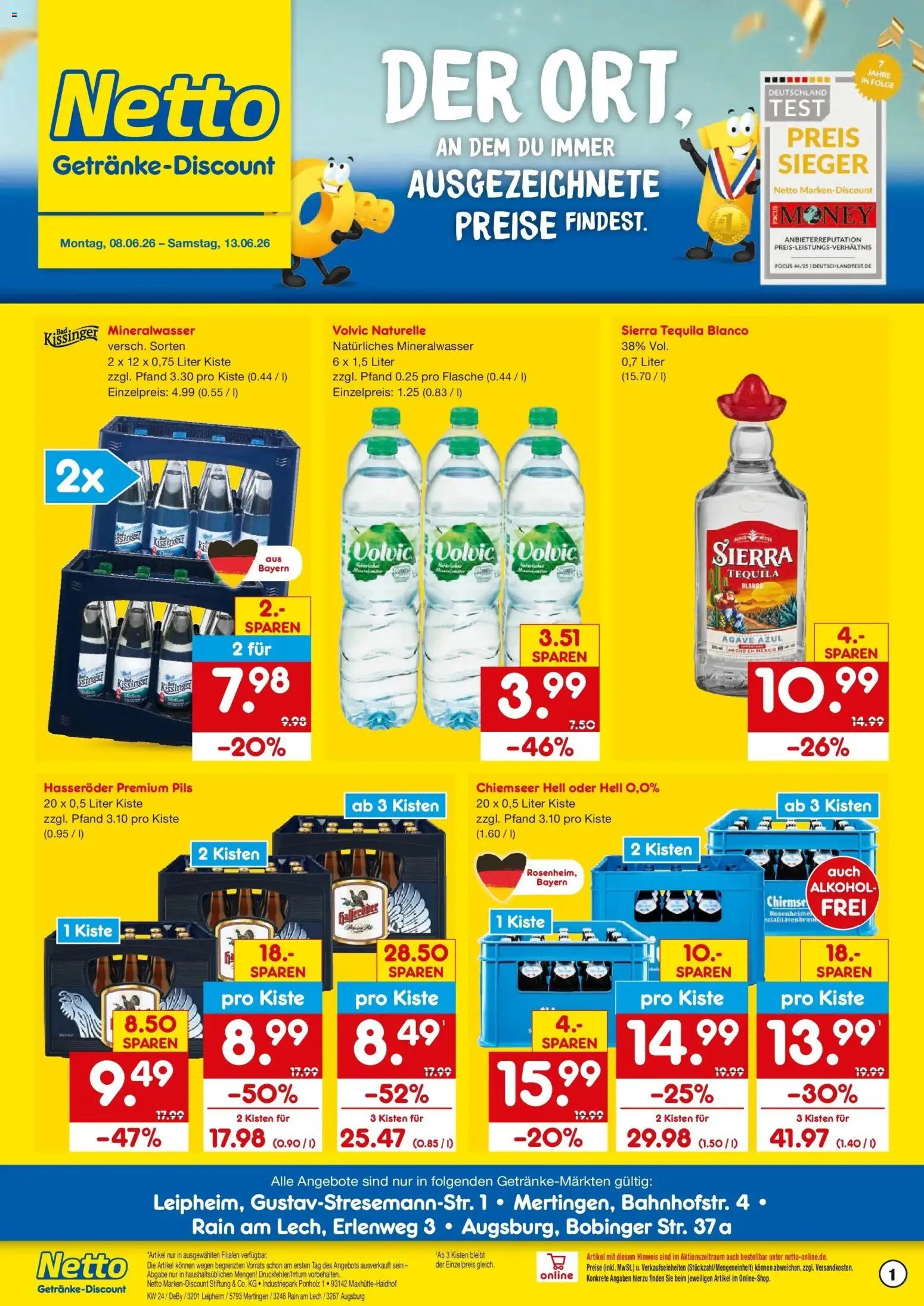 Netto Marken-Discount Prospekt Rain Am Lech – gültig ab 08.06.2026 | Seite: 1 | Produkte: Pils, Mineralwasser, Tequila, Volvic