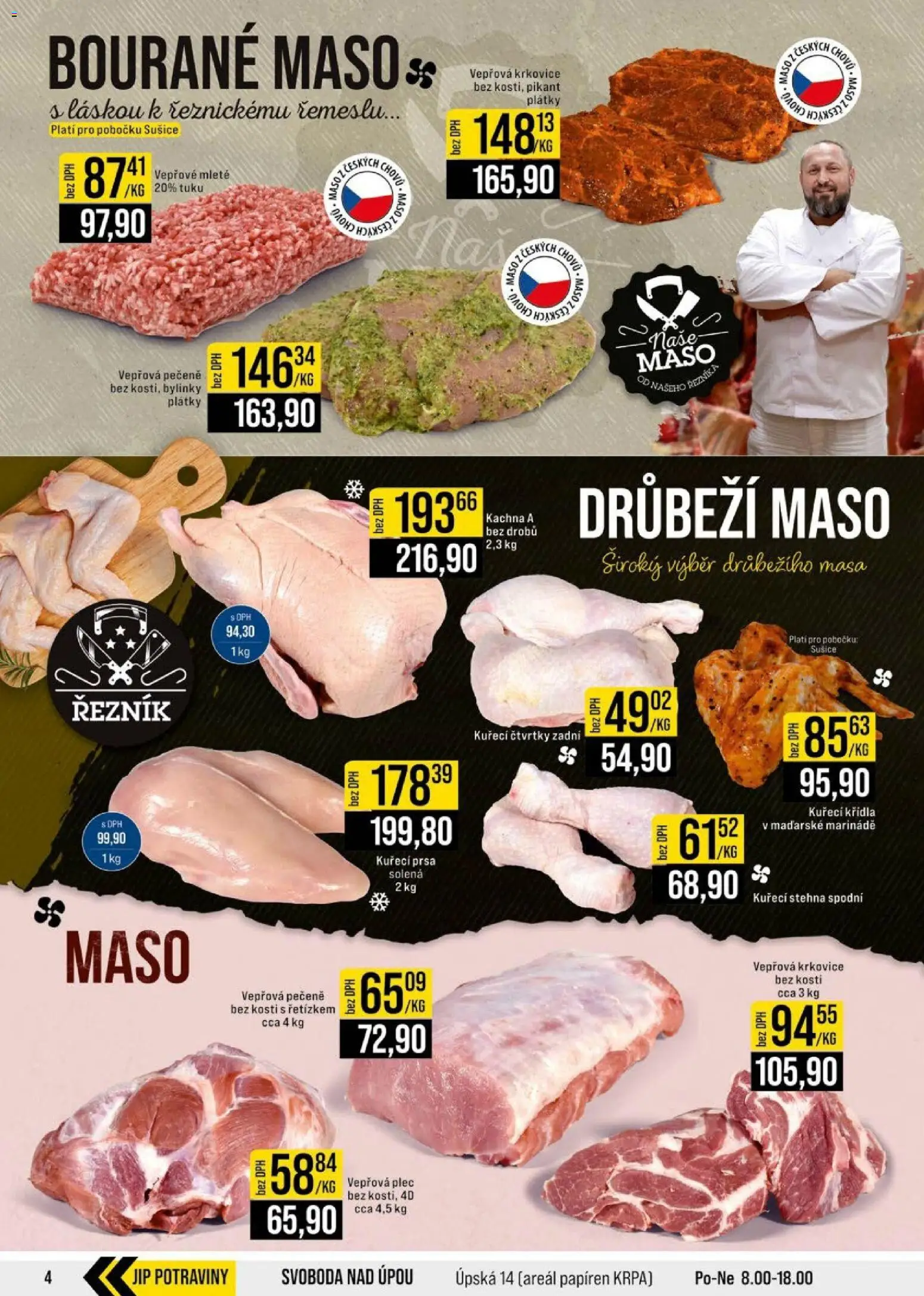 Jip leták - Cash & Carry od 15.07.2026 | Strana: 4 | Produkty: Vepřová pečeně, Kuřecí čtvrtky, Sušiče, Krkovice bez kosti