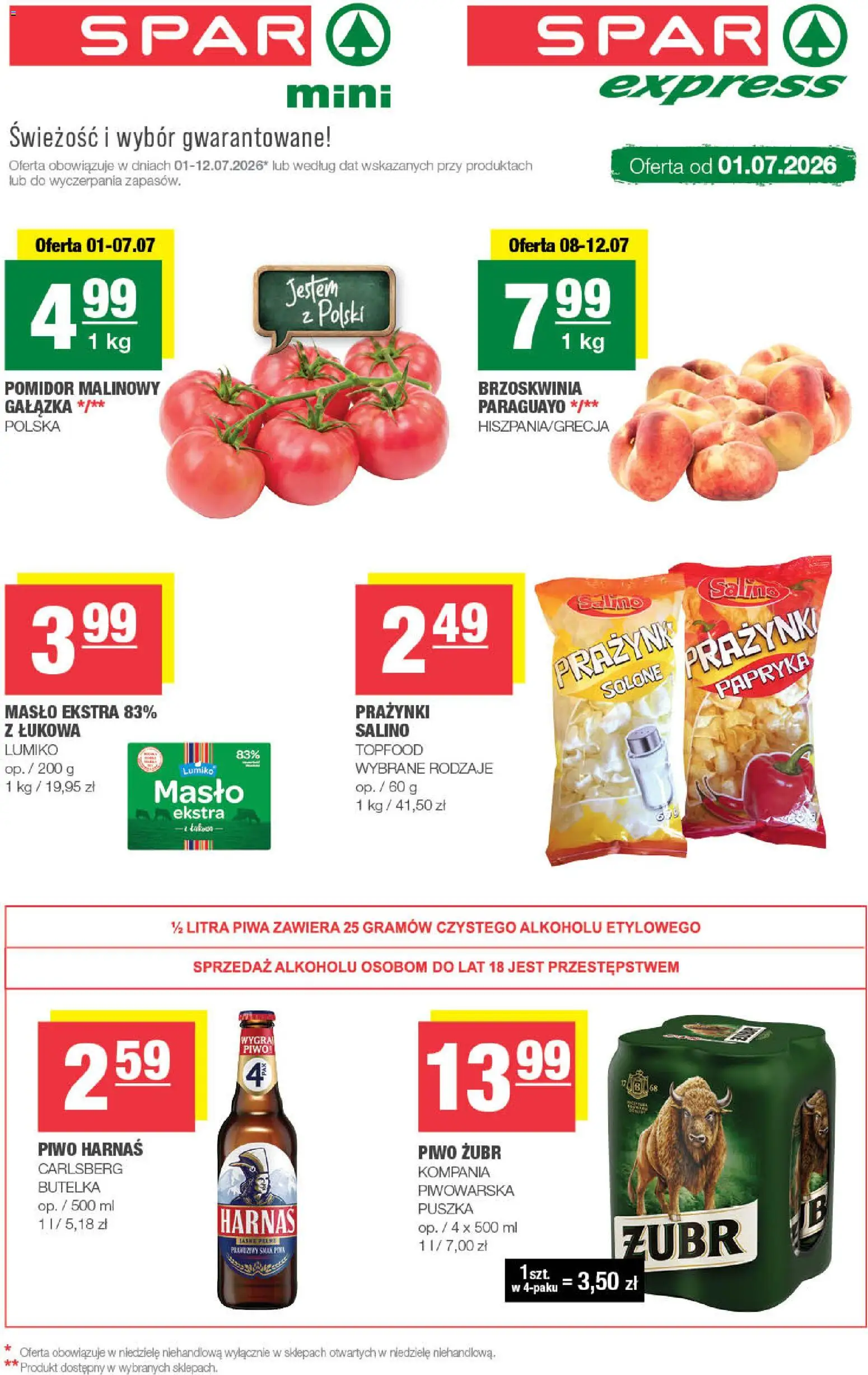 Spar gazetka - Mini od 01.07.2026 | Strona: 1 | Produkty: Piwo żubr, Papryka, Masło, Harnaś
