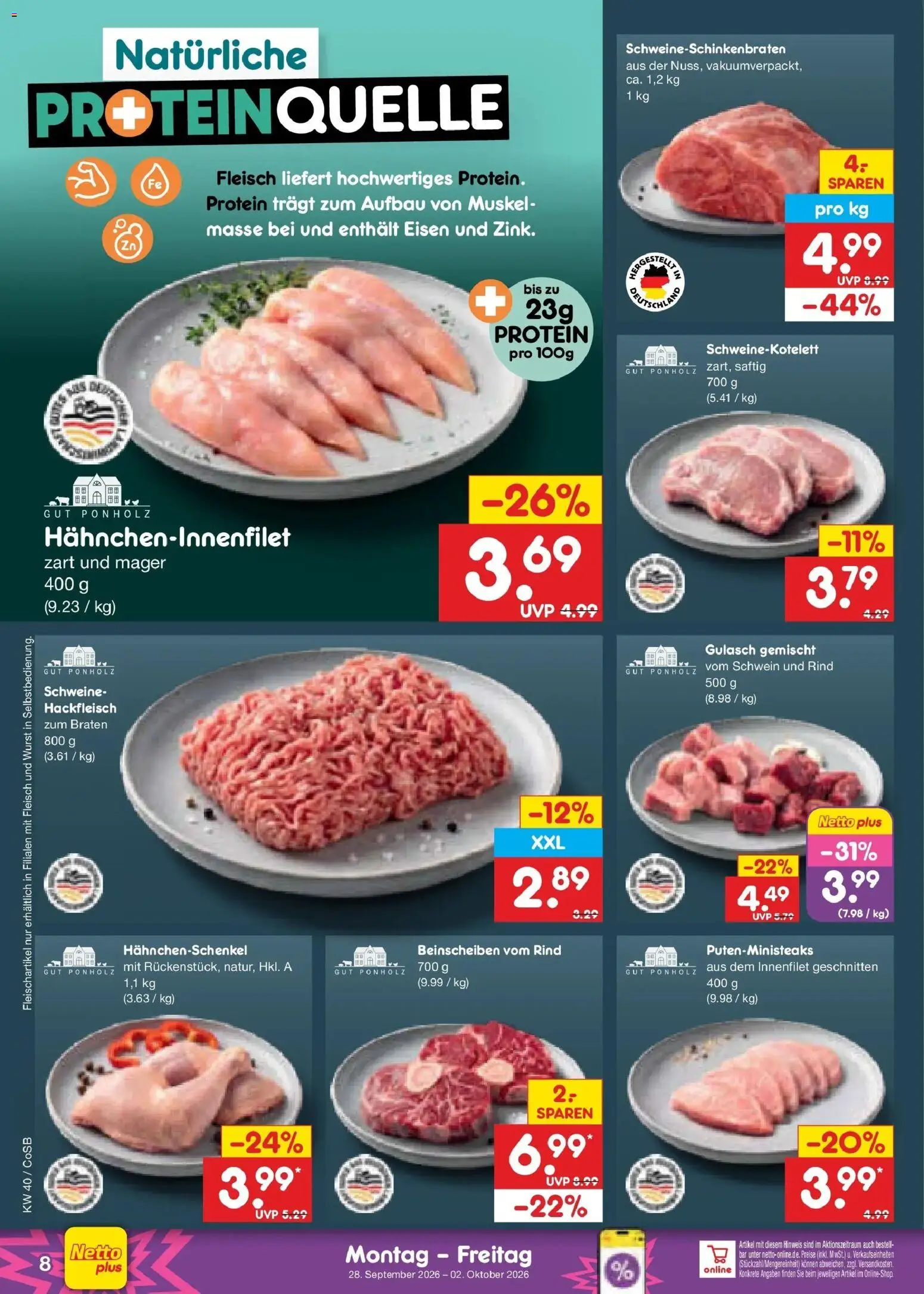 Netto Marken-Discount Prospekt Leipzig – gültig ab 28.09.2026 | Seite: 10 | Produkte: Hahnchenschenkel, Gulasch, Wurst, Fleisch