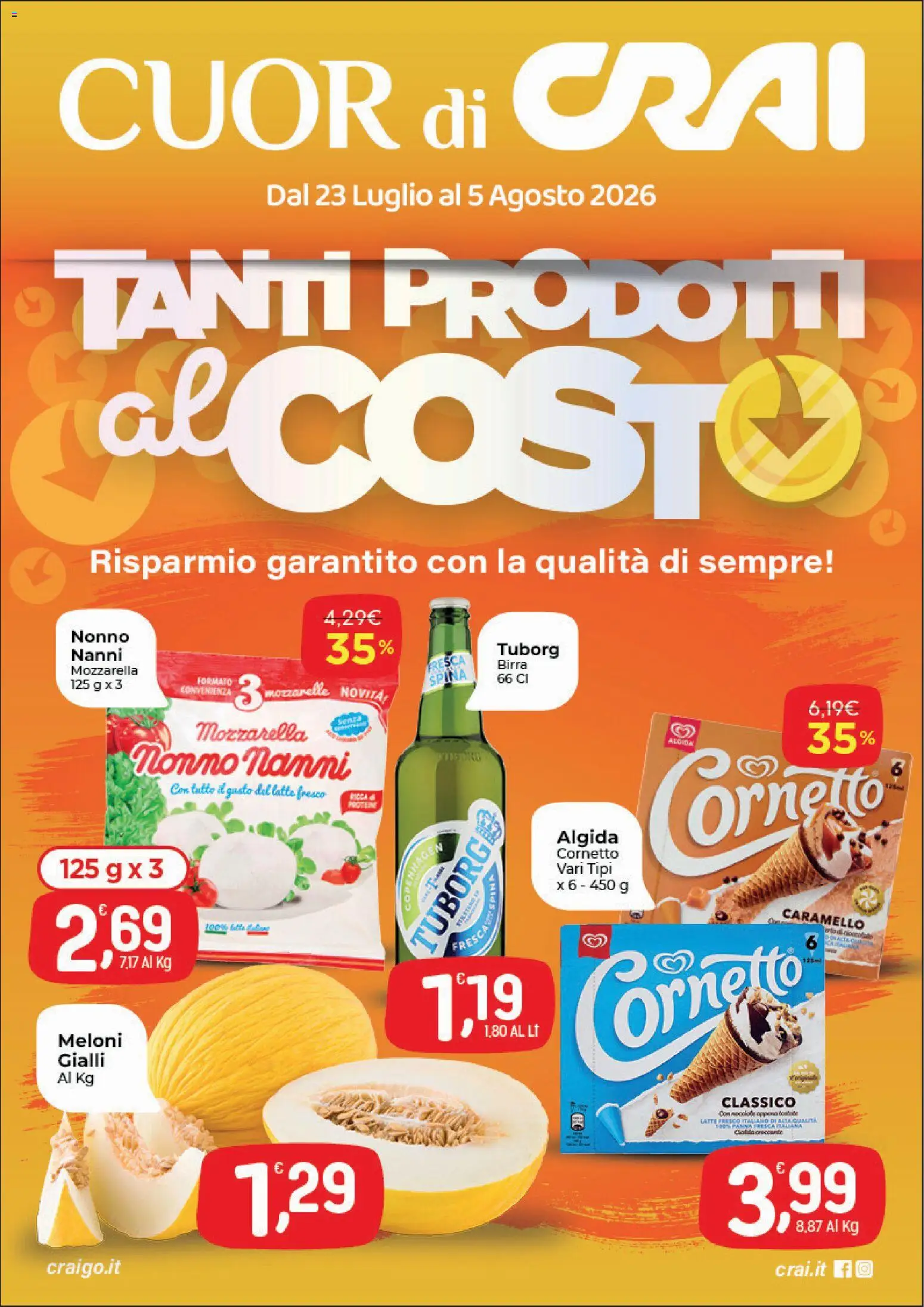 Volantino CRAI del 23/07/2026 | Pagina: 1 | Prodotti: Birra, Cornetto, Mozzarella, Latte