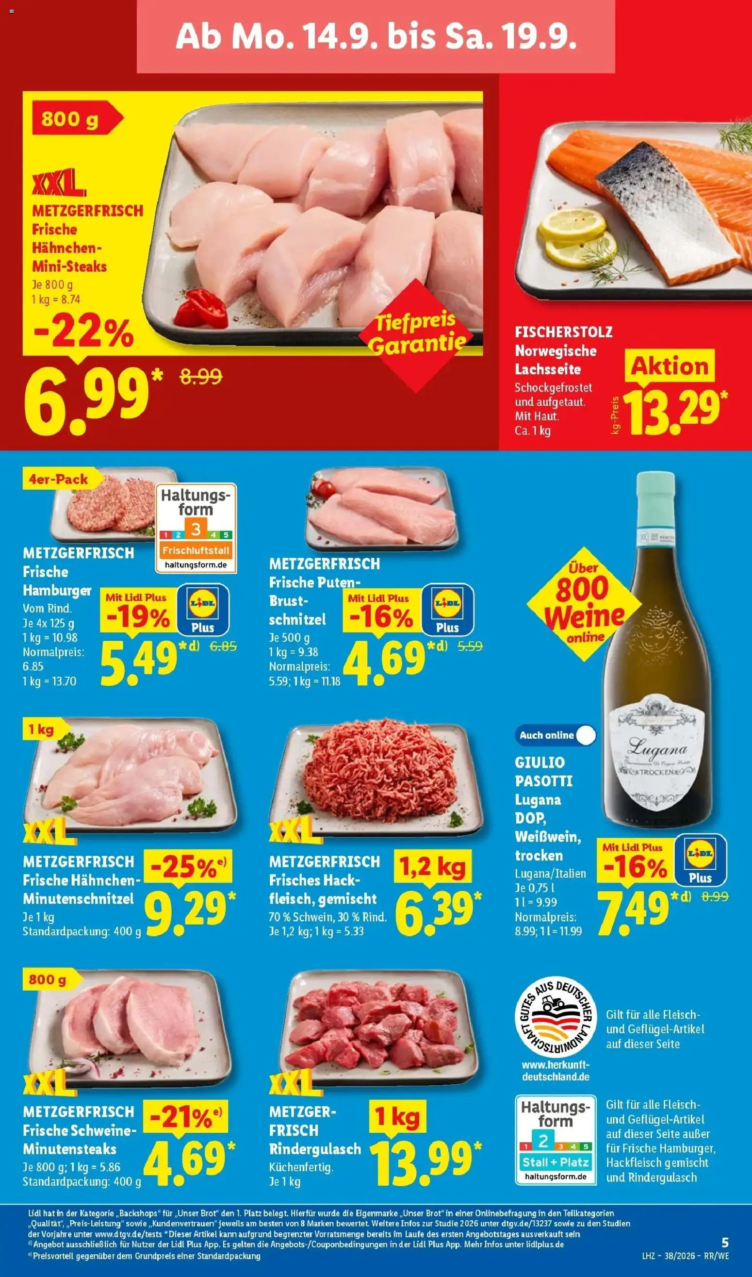 Lidl Prospekt Saarbrücken – gültig ab 14.09.2026 | Seite: 13 | Produkte: Rindergulasch, Hahnchen, Brot, Hackfleisch