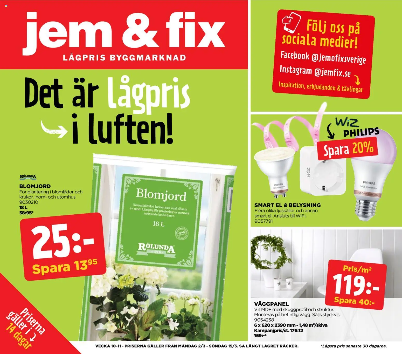 Jem & Fix reklamblad aktuell från 02/03/2026 | Sida: 1 | Produkter: Blomjord, Jord, Belysning, Galler