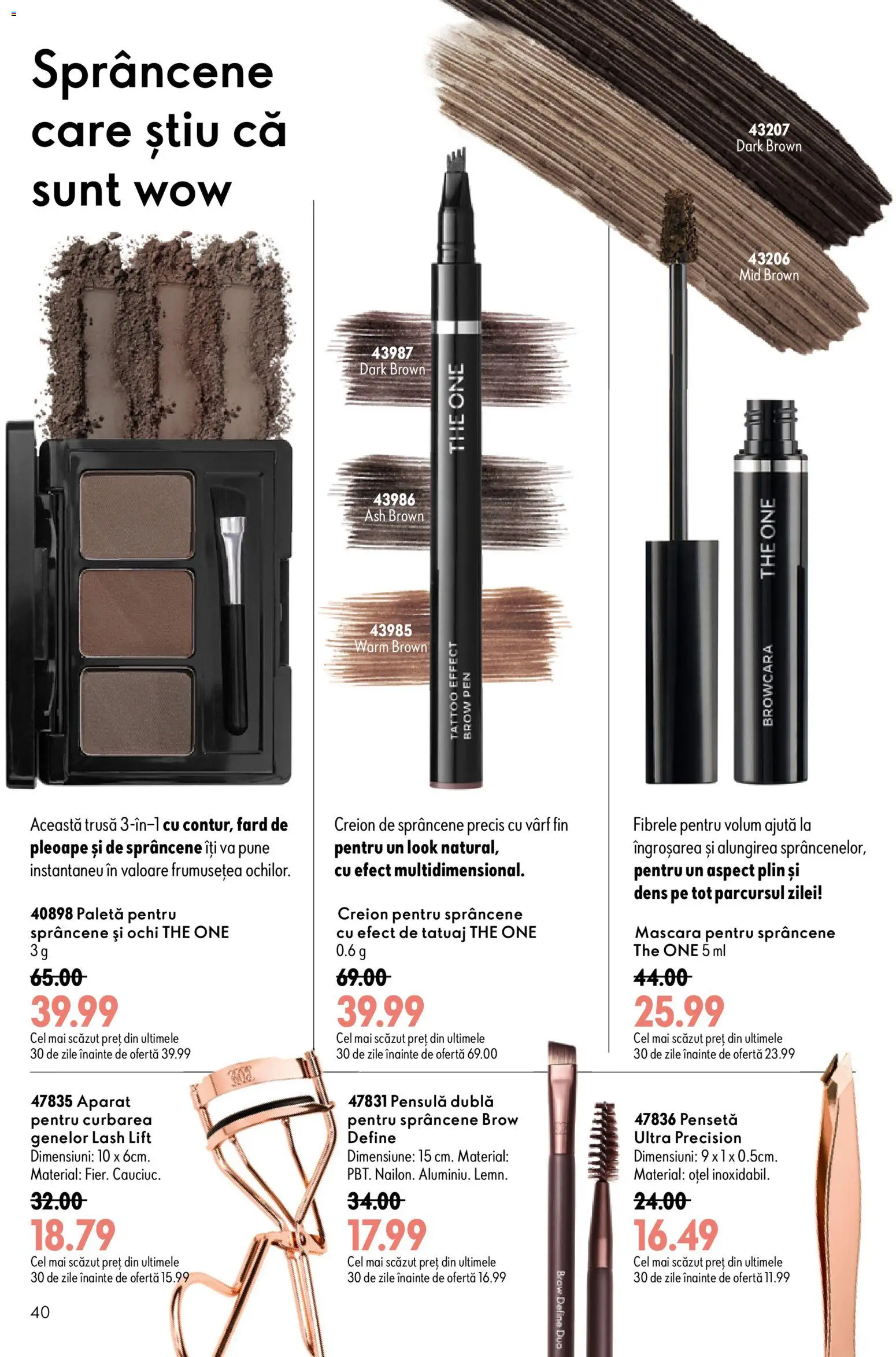 Noul catalog Oriflame – valabil de la 08.07.2026 | Pagină: 40 | Produse: Creion de sprâncene, Pensetă, Mascara