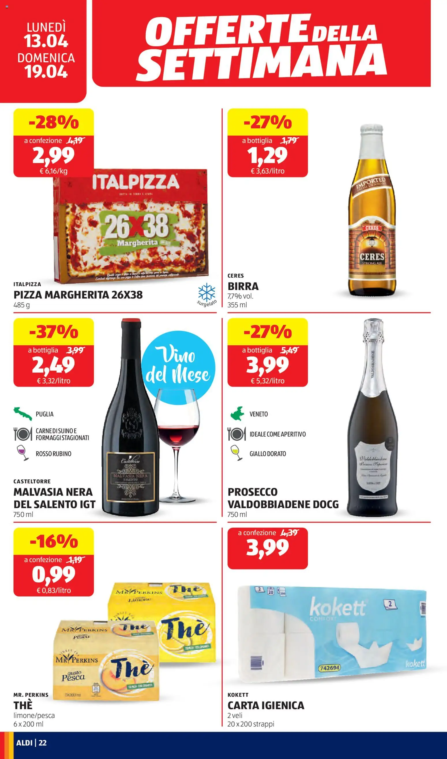 Volantino Aldi del 13.04.2026 | Pagina: 22 | Prodotti: Carta igienica, Prosecco, Ceres, Bottiglia