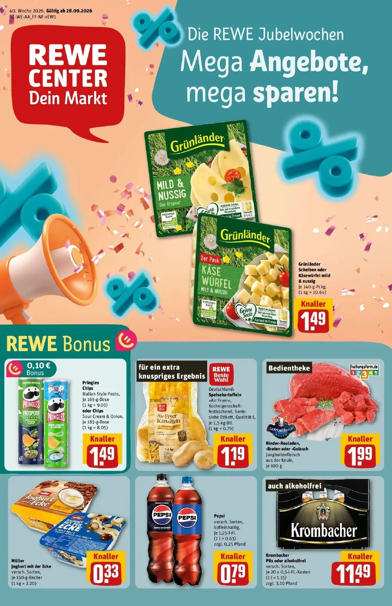 REWE Prospekt ab 28.09.2026 zum Blättern » Angebote | Seite: 1 | Produkte: Käse, Pils, Vanille, Krombacher