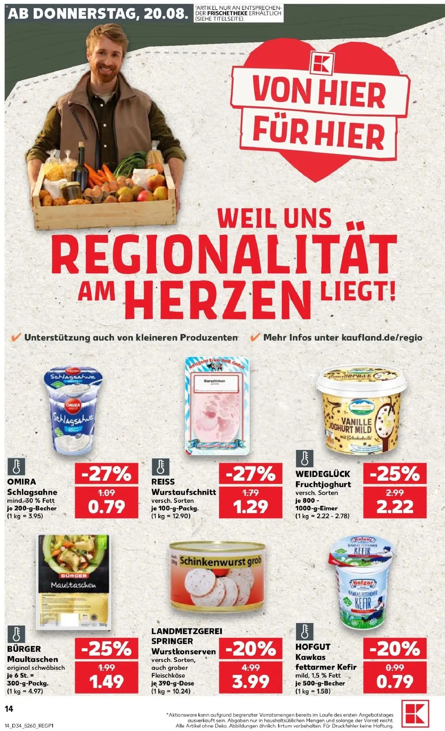 Prospekt Kaufland ab 20.08.2026 » Angebote Online zum Blättern | Seite: 14 | Produkte: Kefir, Schlagsahne, Burger, Maultaschen