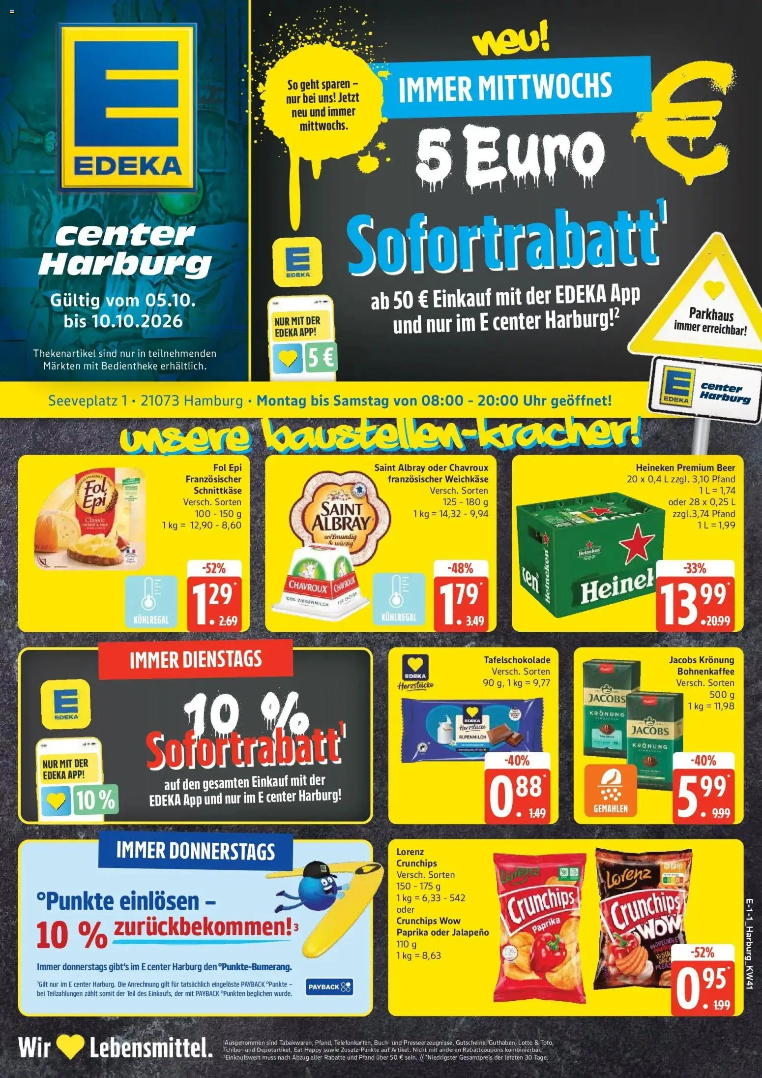 E center Prospekt Hamburg (ab 05.10.2026) zum Blättern | Seite: 1 | Produkte: Heineken, Paprika, Lorenz crunchips, Uhr