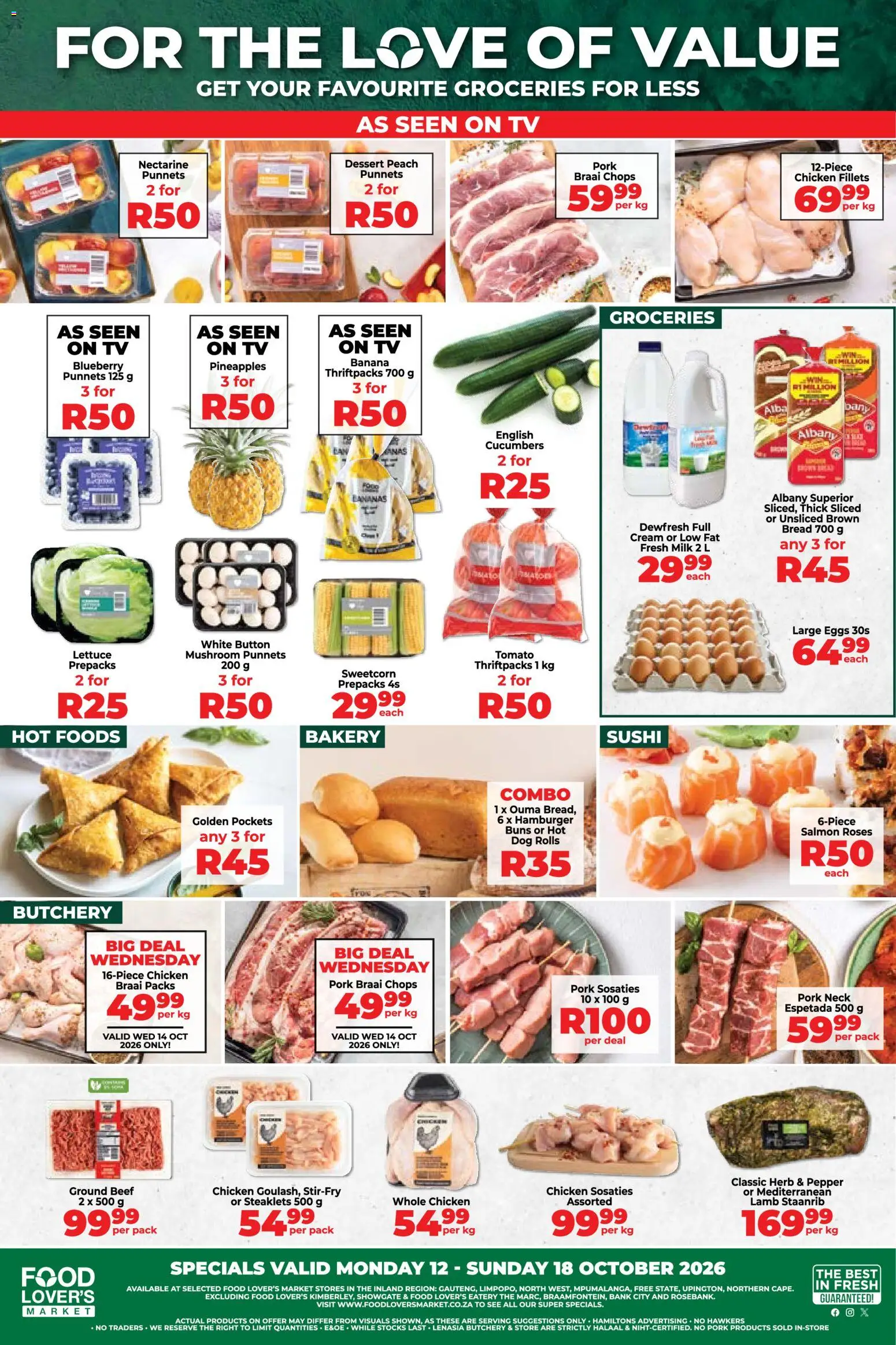 New Food Lover's Market catalogue – valid from 12/10/2026 | Page: 1 | Products: TV, Milk, Eggs, Peach