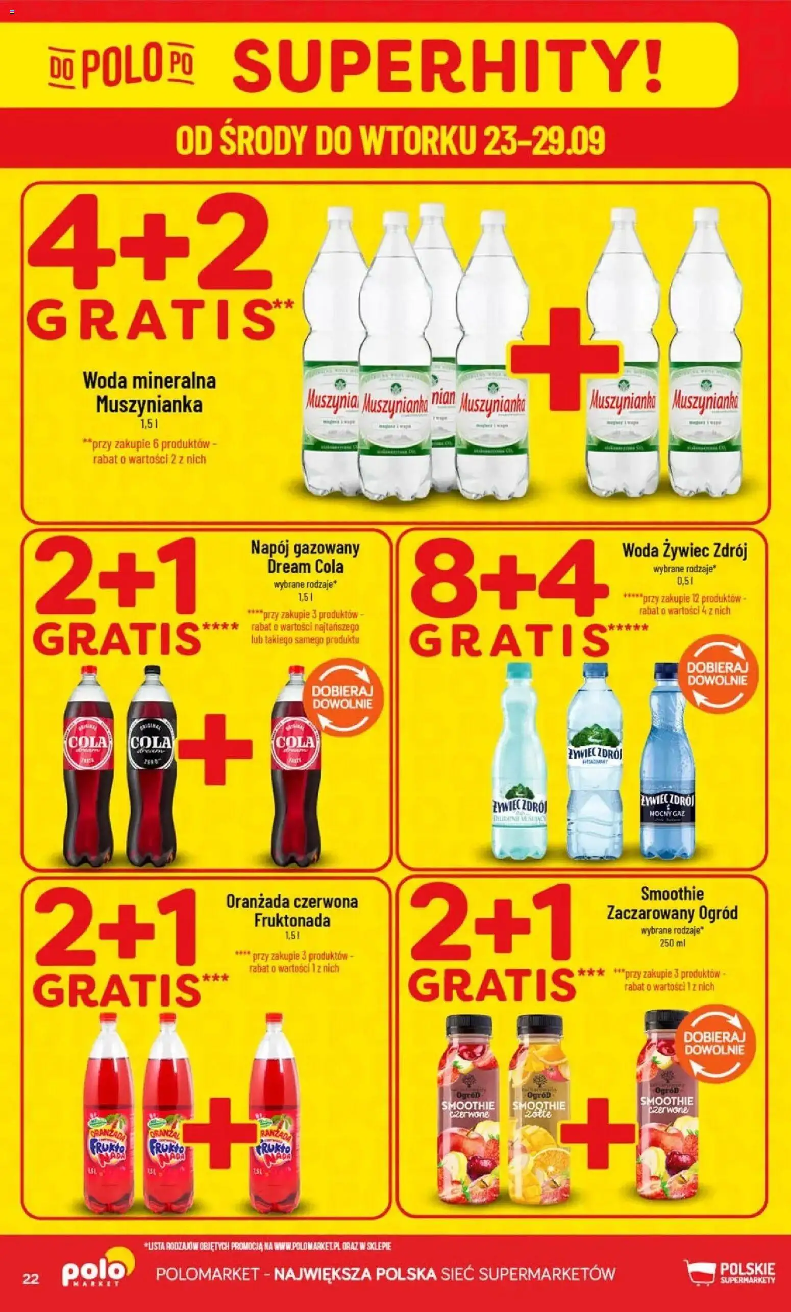 Nowa POLOmarket gazetka od jutra 23.09.2026 | Strona: 22 | Produkty: Woda żywiec, Oranżada, Smoothie, Muszynianka