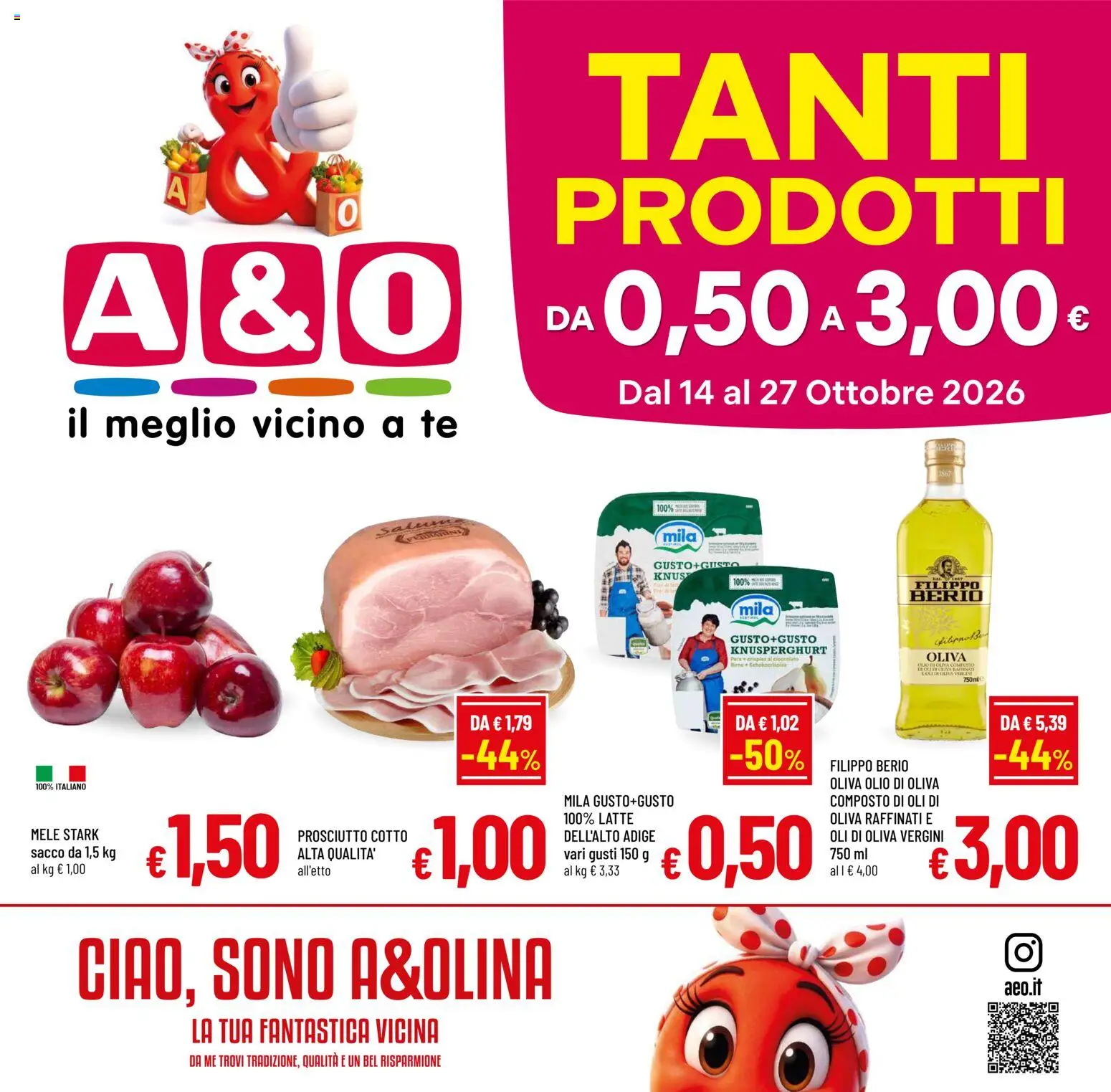 Volantino A&O del 14/10/2026 | Pagina: 1 | Prodotti: Prosciutto Cotto, Tè, Latte, Olio