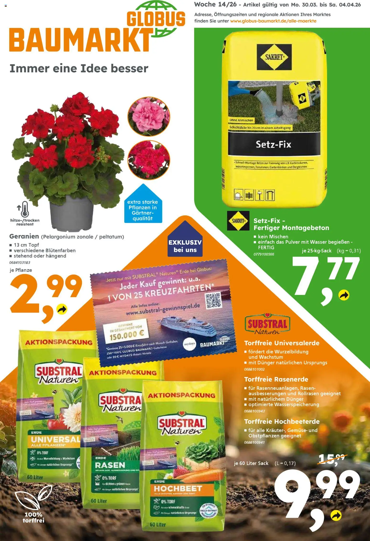 Globus Baumarkt Prospekt 	 – gültig ab 30.03.2026 | Seite: 1 | Produkte: Hochbeet, Geranien, Wasser, Gemüse