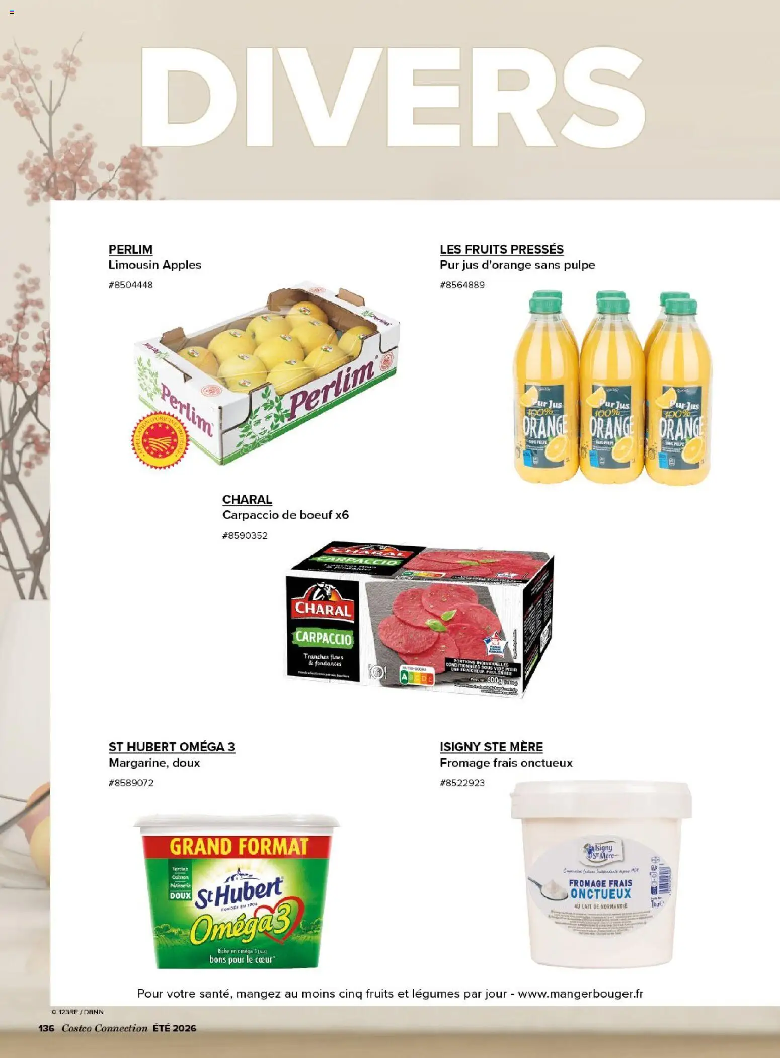{H1} | Page: 136 | Produits: Orange, Carpaccio de bœuf, Lait, Fromage frais