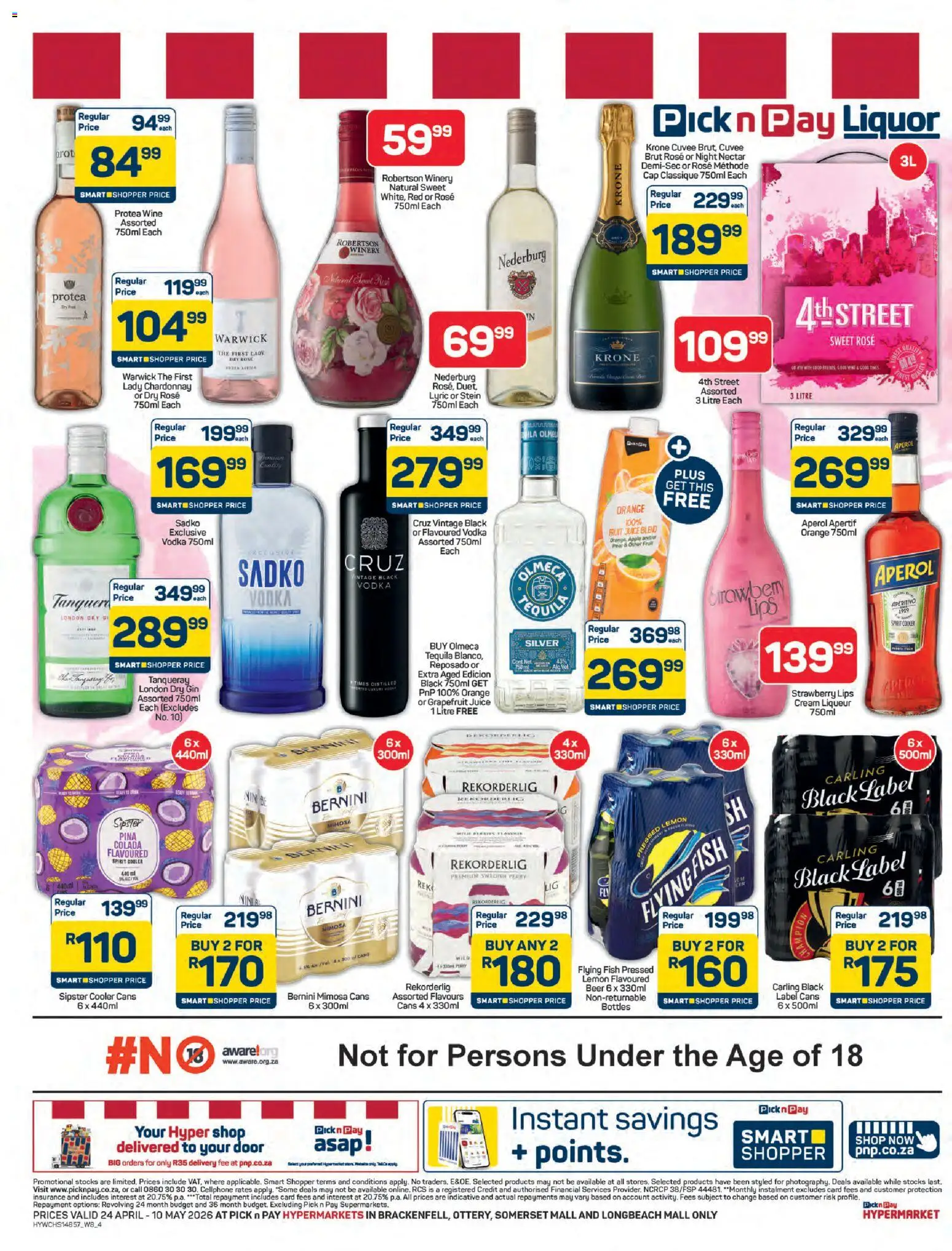 New Pick n Pay catalogue – valid from 24.04.2026 | Page: 4 | Products: Cooler, Juice, Fish, Gin